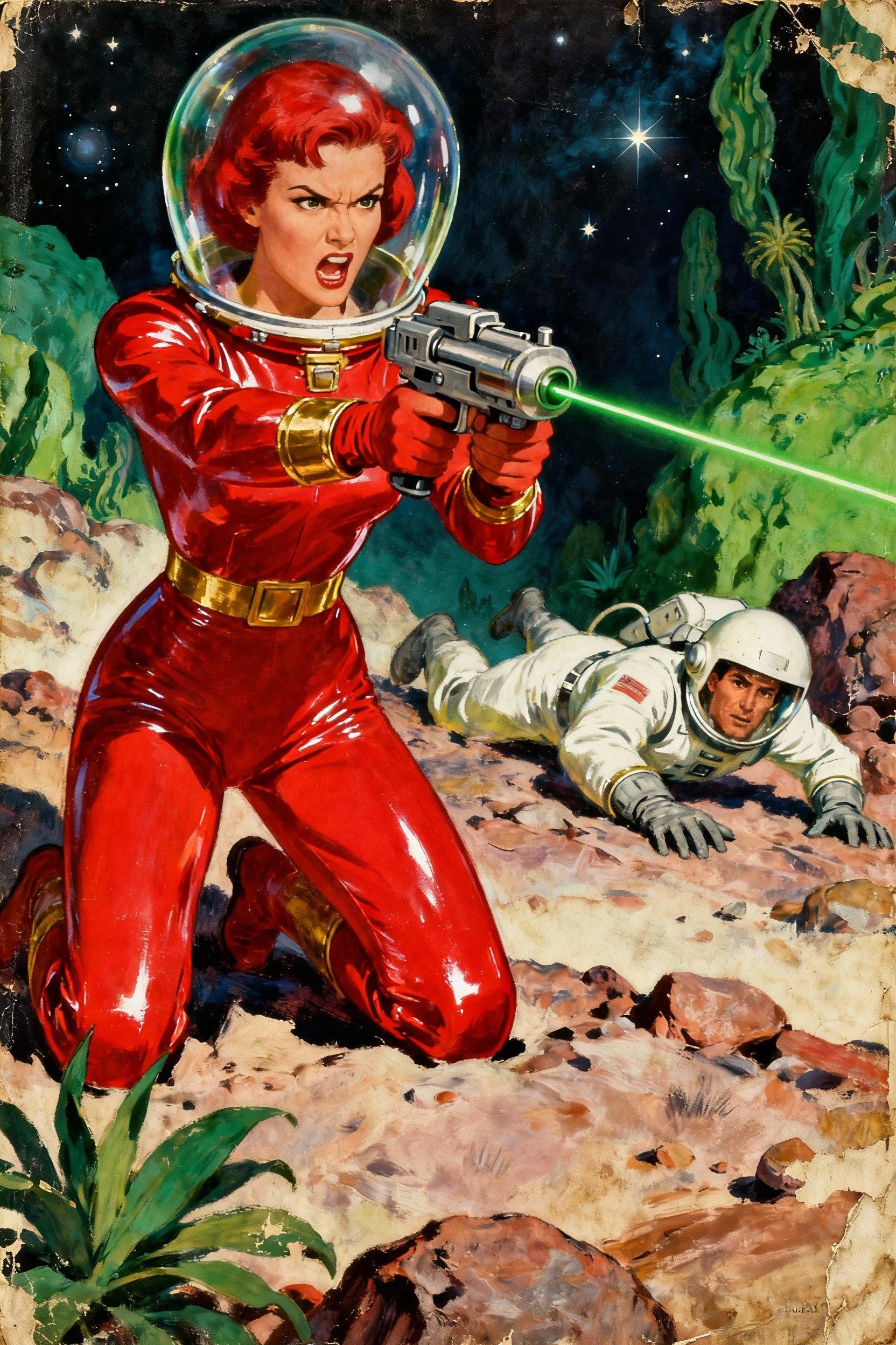 Vintage 1940s pulp science fiction magazine cover. Central illustration: a determined, angry woman with short red hair inside a glass helmet, wearing a form-fitting shiny red spacesuit with gold accents, kneeling and aiming a futuristic ray gun with a thin green beam, with intense focus at a target off camera, as a fallen man in a white spacesuit and helmet crawling away on a rocky alien terrain with green foliage and distant stars. Dramatic lighting with shadows and highlights emphasizing action.  Retro painted style with vibrant colors, exaggerated poses, and slight aged paper texture with wear.