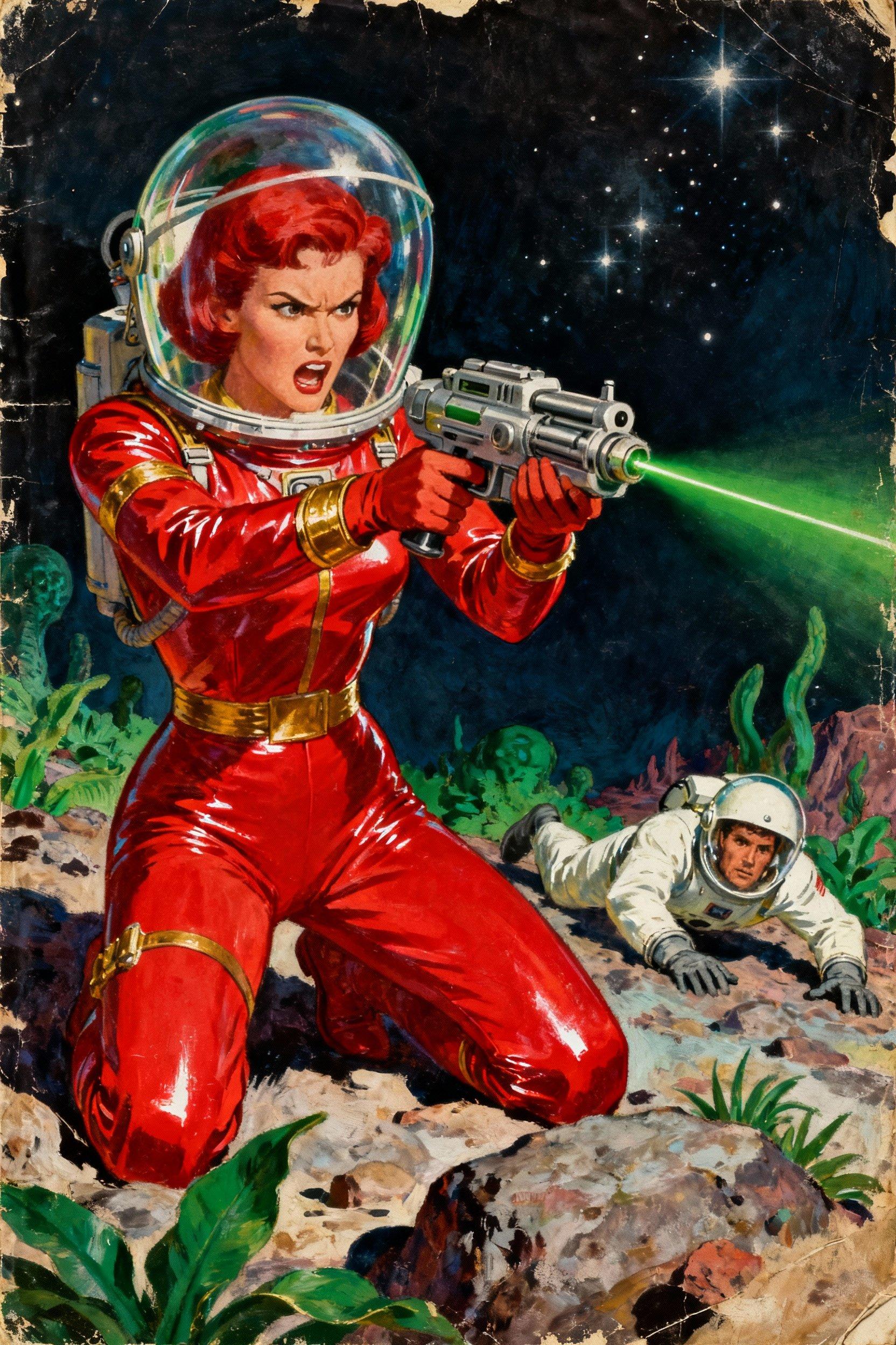Vintage 1940s pulp science fiction magazine cover. Central illustration: a determined, angry woman with short red hair inside a glass helmet, wearing a form-fitting shiny red spacesuit with gold accents, kneeling and aiming a futuristic ray gun with a thin green beam, with intense focus at a target off camera, as a fallen man in a white spacesuit and helmet crawling away on a rocky alien terrain with green foliage and distant stars. Dramatic lighting with shadows and highlights emphasizing action.  Retro painted style with vibrant colors, exaggerated poses, and slight aged paper texture with wear.