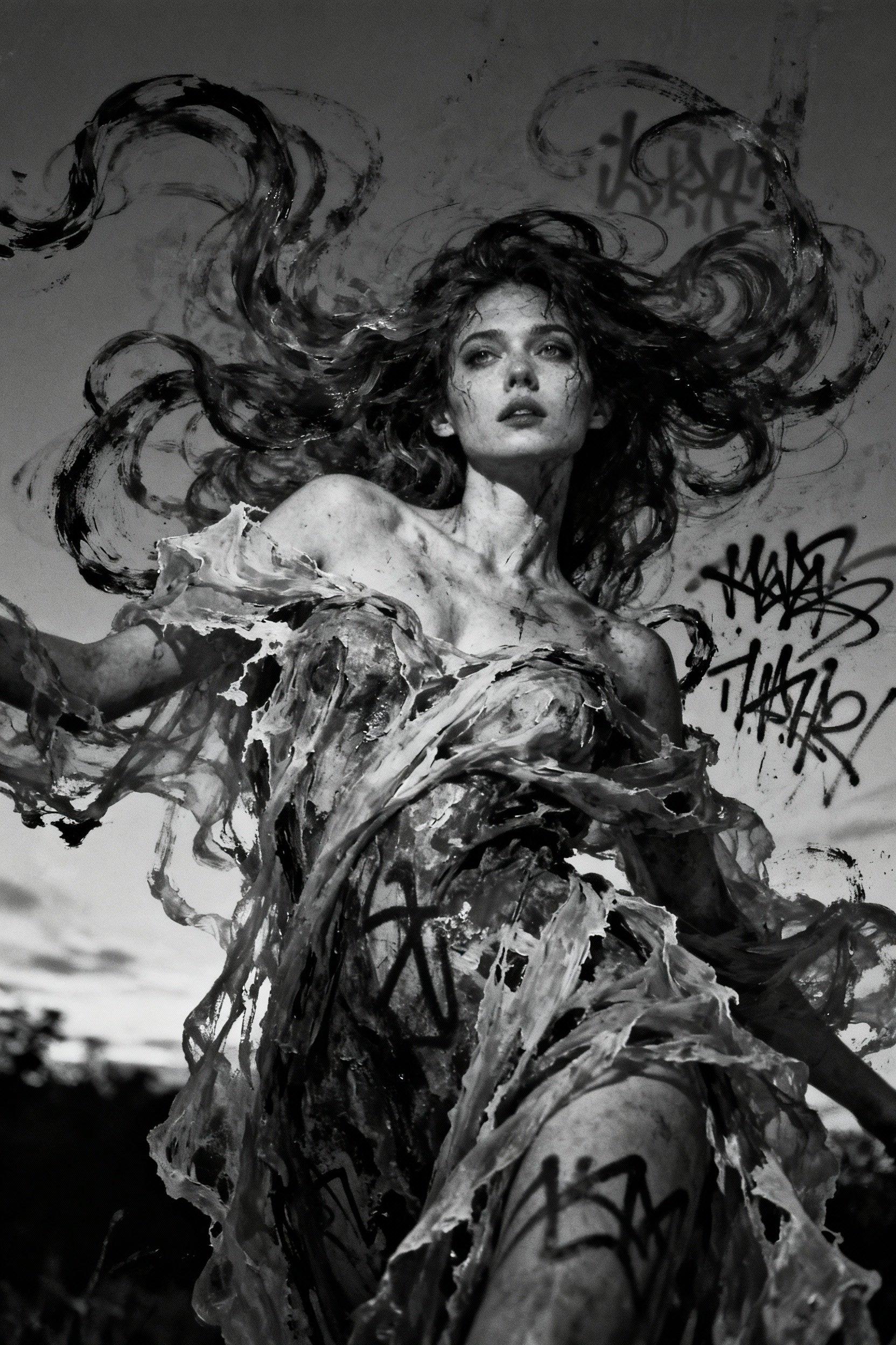 Shot composition: Close-up framing on the central female figure merging into swirling abstract forms, captured from a slight low angle to emphasize seductive power and emotional depth with a 35mm lens.
Scene setting: Ethereal dreamlike void at twilight, with subtle diffused lighting casting soft shadows that enhance the monochromatic tones and evoke a sense of introspective mystery and raw emotion.
Subject and wardrobe: Seductive female form with flowing contours blending into abstract tendrils and graffiti-like scrawls, her expression a mix of alluring gaze and tormented ecstasy, draped in tattered ethereal fabrics that dissolve into textured patterns.
Motion and animation: Thick impasto brushstrokes suggest dynamic swirling movement and emotional turbulence, as if the figure is emerging from chaotic energy.
Camera movement: none
Visual style: Abstract Expressionist fusion of figurative sensuality and surreal graffiti elements in a stark monochromatic palette of deep grays and blacks, with heavy textured grain and expressive distortions for a unique, emotive impact.