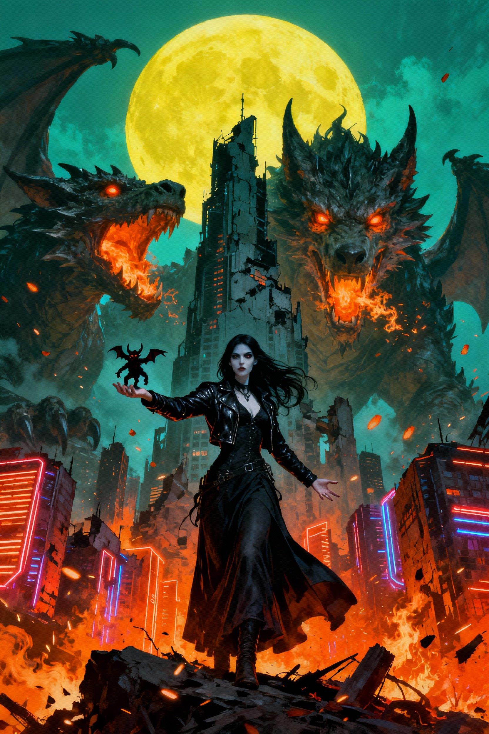 A mysterious female sorceress with pale skin, sharp features, long flowing black hair, and intense dark eyes stands confidently in the foreground of a dystopian, apocalyptic cityscape at night, her black leather jacket and long flowing skirt billowing slightly as she extends one arm forward, holding a small, shadowy imp-like creature in her hand, while her other arm gestures commandingly; behind her, massive snarling dragon-wolf hybrid beasts with glowing fiery orange eyes and flames erupting from their jaws emerge from the crumbling ruins of towering skyscrapers, their forms blending into the architecture like living gargoyles; the scene is illuminated by a massive, oversized full moon in vivid yellow hues dominating the teal-green sky, casting eerie shadows and highlights; the city below is a labyrinth of jagged, neon-lit buildings engulfed in orange-red infernos, with sparks and embers floating in the air, creating a sense of chaotic destruction and dark magic; rendered in a highly detailed digital painting style inspired by artists like Simon Stålenhag and Greg Rutkowski, with hyper-realistic textures, dramatic chiaroscuro lighting, vibrant color contrasts between cool greens and warm fiery oranges, intricate details on fabrics and flames, cinematic composition in vertical format, high resolution, atmospheric depth, and a moody, fantastical cyberpunk aesthetic.