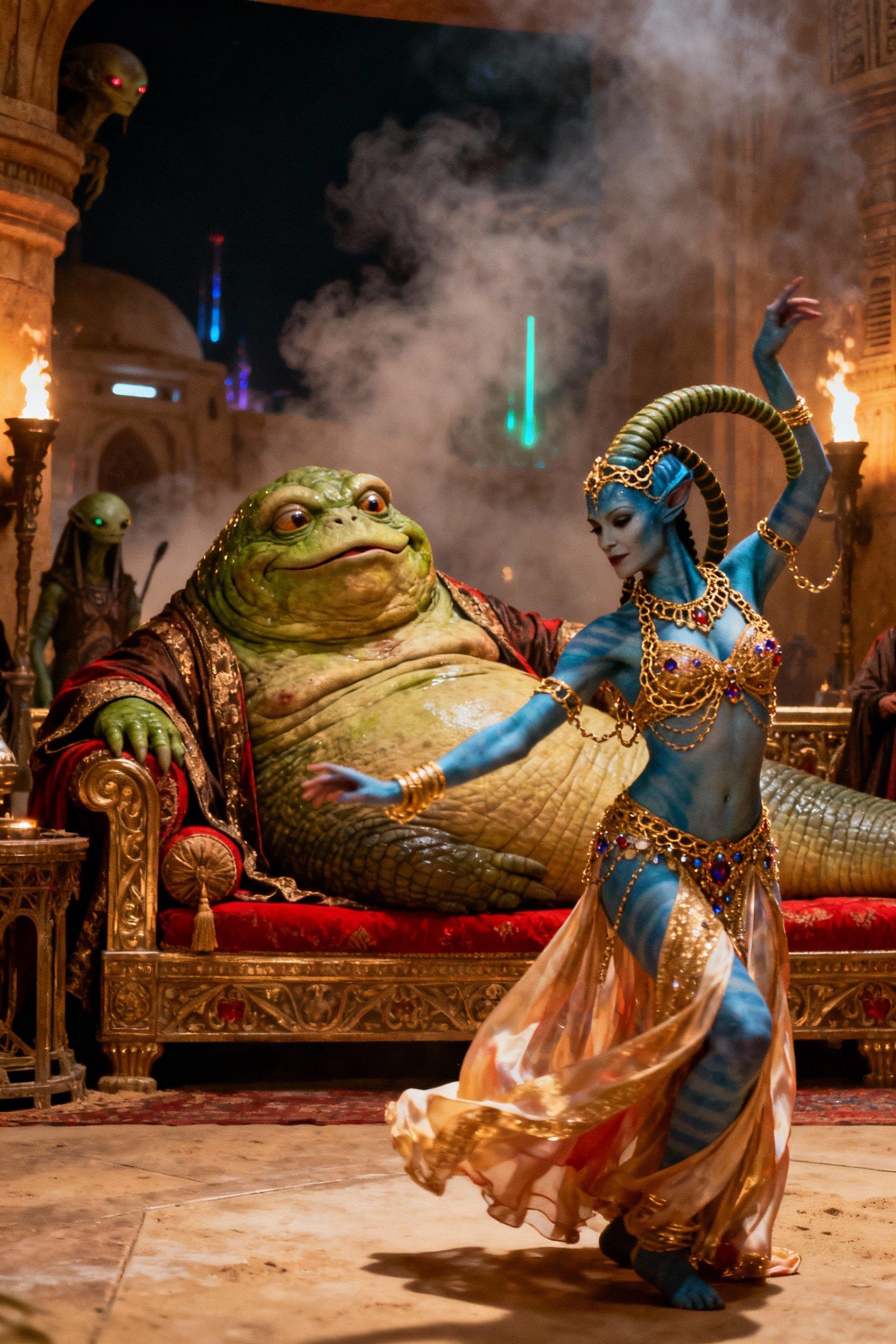 Shot composition: Medium shot framing a graceful Twi'lek woman dancing dynamically in the foreground, with Jabba the Hutt looming imposingly on his divan couch in the midground, captured from a slight low angle to emphasize power dynamics, using a 35mm lens for balanced depth and intimacy.

Scene setting: Opulent throne room in Jabba's Tatooine palace, dimly lit by flickering torchlight and hazy alien glows during nighttime, evoking a tense, decadent atmosphere thick with smoke and shadows.

Subject and wardrobe: The Twi'lek woman, with vibrant blue skin, lekku head-tails adorned in golden chains, wears a skimpy, flowing dancer's outfit of silks and jewels, her expression one of focused allure and subtle defiance; Jabba the Hutt, massive and grotesque with slimy green skin and bulging eyes, lounges in lavish robes on his ornate couch, smirking with predatory glee.

Motion and animation: omit if not relevant to still imagery

Camera movement: none

Visual style: Cinematic Star Wars aesthetic with rich, saturated colors in golds and reds, subtle film grain for a gritty sci-fi texture, high contrast to highlight dramatic tension.