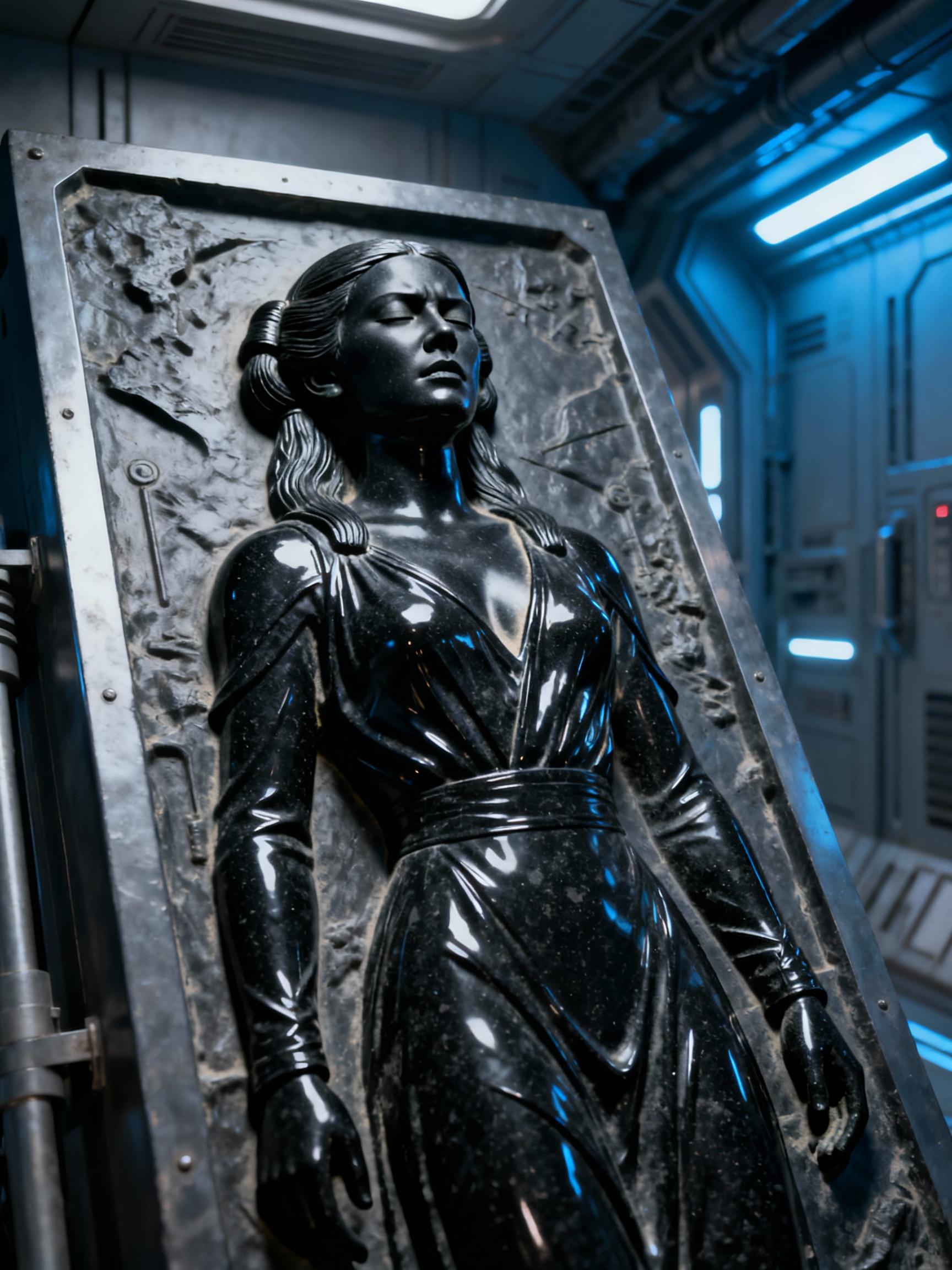 Shot composition: Close-up framing on the carbonite slab with Princess Leia suspended in the center, captured from a slight low angle to emphasize her trapped form.  Her entire face, body and clothes are the color of black shiny carbon.  She looks like a sculpture in black stone.  Her hands are down by her sides, her eyes are closed tightly, squnting and her mouth is tightly closed.  Her expression is angry and defiant
Scene setting: Dimly lit industrial corridor on the Death Star, with cold blue ambient lighting casting eerie shadows on the metallic slab, evoking a tense and foreboding atmosphere.
Subject and wardrobe: Princess Leia frozen mid-expression in black shiny carbonite, her low cut gown and long hairstyle preserved in a look of defiance and surprise.
Motion and animation: None
Camera movement: None
Visual style: Cinematic sci-fi aesthetic with high contrast and subtle film grain, in a cool desaturated color grade inspired by Star Wars.