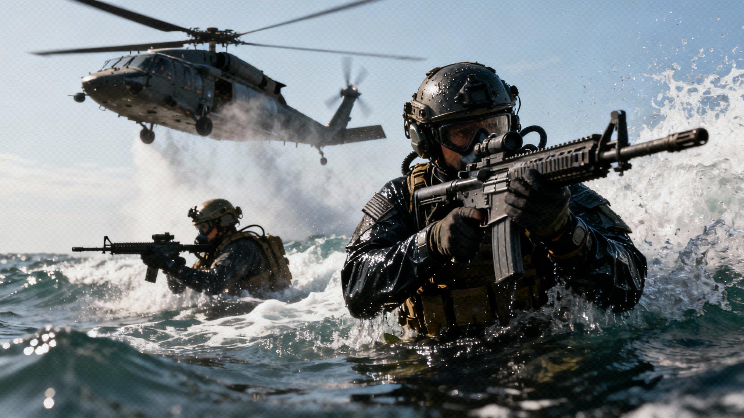 Navy SEALs in water with helicopter in background, tactical diving gear, assault rifles, dramatic lighting with water spray, military helicopter hovering, cinematic action photography, tactical operations scene