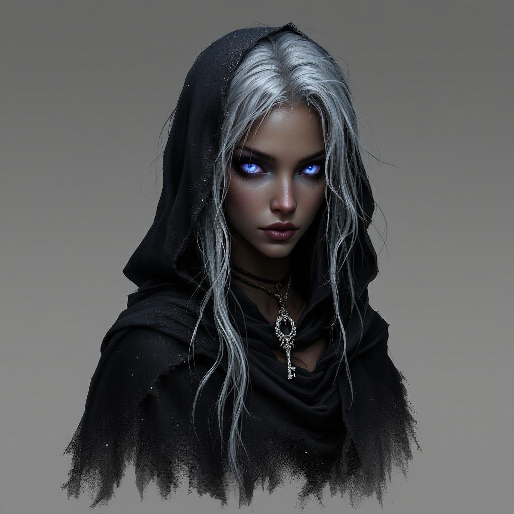 General Description: Xylara stands at about 5'8" with a slender yet athletic build, typical of the Drow. Her hair is a wild tangle of silver locks that falls down her back like a waterfall, with strands framing her face like a curtain. Her eyes gleam like polished sapphires, shining with an inner light that seems to pierce through the darkness. Her skin is dark, a testament to her Drow heritage.
•	Dress and Accessories: Xylara wears a tattered, black velvet cloak with a hood, clasped at her neck with a delicate, silver clasp. The cloak is adorned with tiny, shimmering silver threads that catch the faint, flickering glow of the torch. Around her neck, she wears a delicate, gemstone-encrusted choker with a small, ornate key. The key is attached to a worn, leather cord, symbolizing her status as a princess of the Underdeep. The choker is said to have been passed down through generations of Drow royalty women, and is rumored to grant her immense magical power.