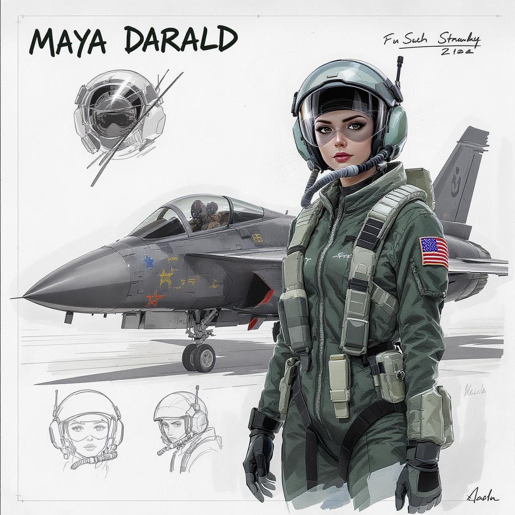 character study sheet, Maya Darald, combat jet pilot, green flightsuit, aircraft in background