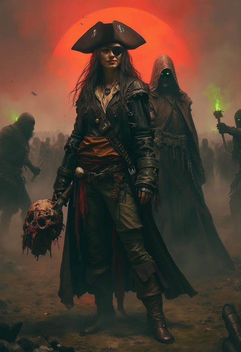 Shot composition: Medium shot framing a fierce female pirate and enigmatic sorceress standing amidst swirling undead hordes, with a severed head clutched in the pirate's hand as the central focal point, captured from a low angle to emphasize heroic scale using a 35mm lens.

Scene setting: Fog-shrouded ancient battlefield at dusk under a blood-red sky, illuminated by flickering torchlight and ethereal green necromantic glows, evoking a tense, otherworldly pulp fantasy atmosphere thick with mist and decay.

Subject and wardrobe: The central female pirate wears a tattered tricorn hat, eye patch, billowing leather coat adorned with skulls, and boots, her face scarred and grinning defiantly; beside her, the sorceress dons flowing dark robes embroidered with arcane runes, hood partially shadowing her intense, glowing-eyed expression; surrounding them, shambling undead hordes in ragged armor clutch rusted weapons, while the severed head features a grimacing, bloodied face with hollow eyes.

Motion and animation: omit if not relevant to still imagery

Camera movement: none

Visual style: Vibrant pulp fantasy art in the style of 1930s magazine illustrations, with bold saturated colors, dramatic chiaroscuro shadows, and subtle ink-line textures for a gritty, adventurous aesthetic.