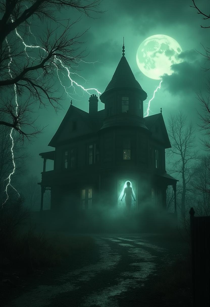 Shot composition: Medium-wide shot from a low angle outside the dilapidated house, emphasizing its towering silhouette against the stormy sky with a 28mm wide lens to capture the eerie isolation and encroaching fog.

Scene setting: A decrepit Victorian haunted house at midnight during a raging thunderstorm, illuminated by jagged lightning flashes and the pale glow of a full moon filtering through twisted branches, creating a chilling atmosphere of dread and supernatural menace.

Subject and wardrobe: A translucent, ethereal ghost of a Victorian woman in tattered lace gown and veil, her hollow eyes glowing faintly as she hovers menacingly in a shattered window, with a pale, contorted face twisted in silent rage.

Motion and animation: omit if not relevant to still imagery

Camera movement: none

Visual style: Pulp horror aesthetic inspired by 1930s magazine covers, with high-contrast chiaroscuro lighting, desaturated colors dominated by deep blacks and sickly greens, and subtle film grain for a gritty, vintage terror vibe.