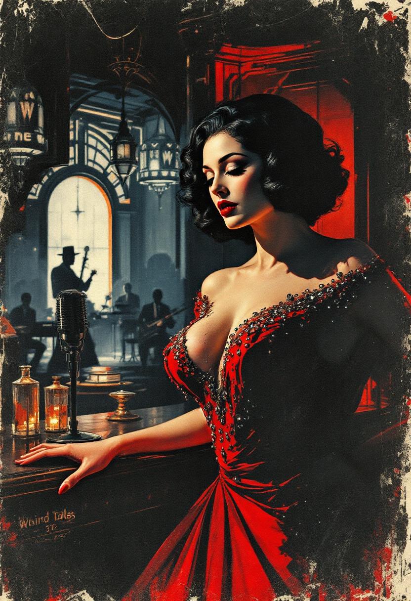 (Weird Tales 1930s pulp magazine cover, wordless, speechless, art only:1.3), cinematic illustration, (femme fatale lounge singer:1.4), art deco nightclub, (dramatic noir lighting:1.3),  
(sultry gaze, bold red lipstick, voluminous 1930s diva gown with sequins:1.4), emerging from (swirling shadows:1.2), jazz band silhouettes, old microphone,  
(retro neon signs:1.2), (art deco patterns:1.3), (vintage pulp art style:1.3), muted blues and deep crimson palette, stark chiaroscuro, textured ink scratches,  
(intricate linework:1.2), (grainy paper overlay:1.1), timeless pulp cover