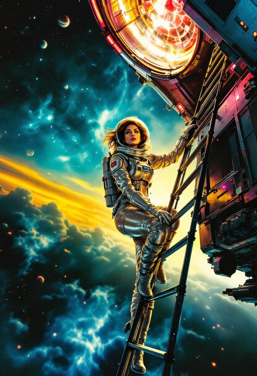 Shot composition: Medium shot framing a confident space woman clinging to the external ladder of a massive spaceship, captured from a slight low angle to emphasize her heroic pose against the starry void, using a 35mm lens for dynamic perspective.

Scene setting: Retro-futuristic outer space environment with swirling nebulae and distant planets, set during a dramatic twilight-like cosmic dusk with neon glows from spaceship thrusters, evoking a tense, adventurous pulp atmosphere.

Subject and wardrobe: Bold female astronaut in a shimmering silver spacesuit with bulky gloves and a transparent glass helmet revealing her determined expression, her hair slightly tousled inside, embodying 1980s sci-fi pulp iconography.

Motion and animation: omit if not relevant to still imagery

Camera movement: none

Visual style: Vibrant vintage pulp aesthetic with bold primary colors, high contrast yellows and reds against deep blacks, subtle paper texture and ink bleed effects for a glossy 80s magazine cover feel.