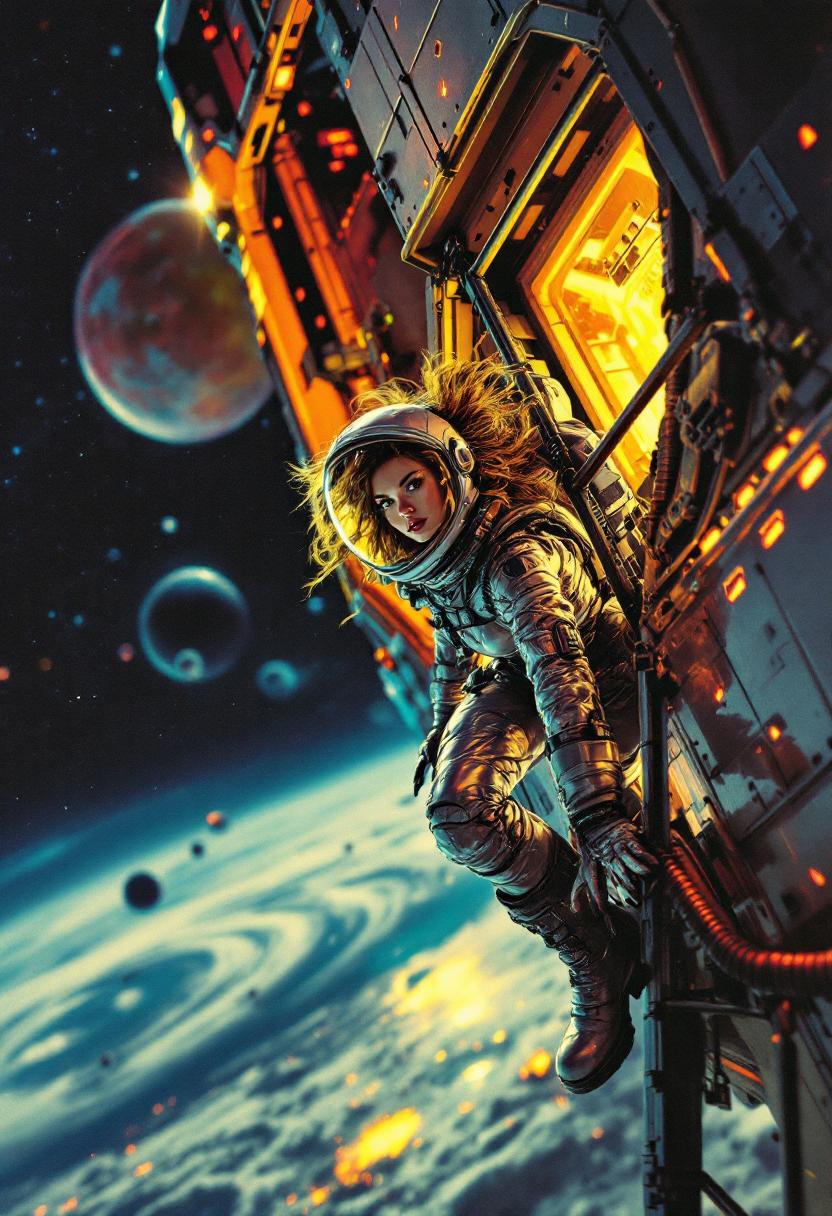 Shot composition: Medium shot framing a confident space woman clinging to the external ladder of a massive spaceship, captured from a slight low angle to emphasize her heroic pose against the starry void, using a 35mm lens for dynamic perspective.

Scene setting: Retro-futuristic outer space environment with swirling nebulae and distant planets, set during a dramatic twilight-like cosmic dusk with neon glows from spaceship thrusters, evoking a tense, adventurous pulp atmosphere.

Subject and wardrobe: Bold female astronaut in a shimmering silver spacesuit with bulky gloves and a transparent glass helmet revealing her determined expression, her hair slightly tousled inside, embodying 1980s sci-fi pulp iconography.

Motion and animation: omit if not relevant to still imagery

Camera movement: none

Visual style: Vibrant vintage pulp aesthetic with bold primary colors, high contrast yellows and reds against deep blacks, subtle paper texture and ink bleed effects for a glossy 80s magazine cover feel.