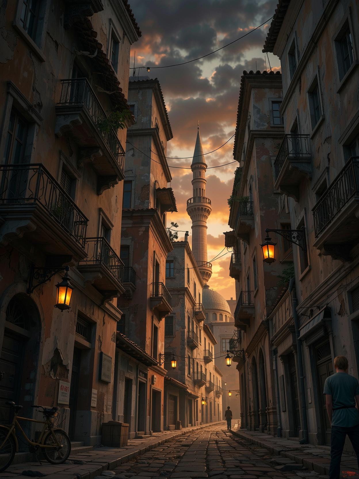 EvGan Style. A dramatic digital illustration shoot from a low angle, depicting a post-apocalyptic cityscape at sunset. the scene is set in a narrow, cobblestone street lined with old, dilapidated buildings on either side, with lanterns hanging from the balconies. the buildings have a rustic, aged appearance, with crumbling walls and broken windows. in the background, a tall, domed minaret stands tall against the sky, emitting a warm, orange glow. the street is illuminated by the warm glow of the setting sun, casting shadows on the ground and highlighting the details of the buildings. on the left side of the image, a few people can be seen walking along the street, while on the right side, another person is seen walking away from the viewer. the overall mood is tense and foreboding, with a sense of mystery and intrigue.