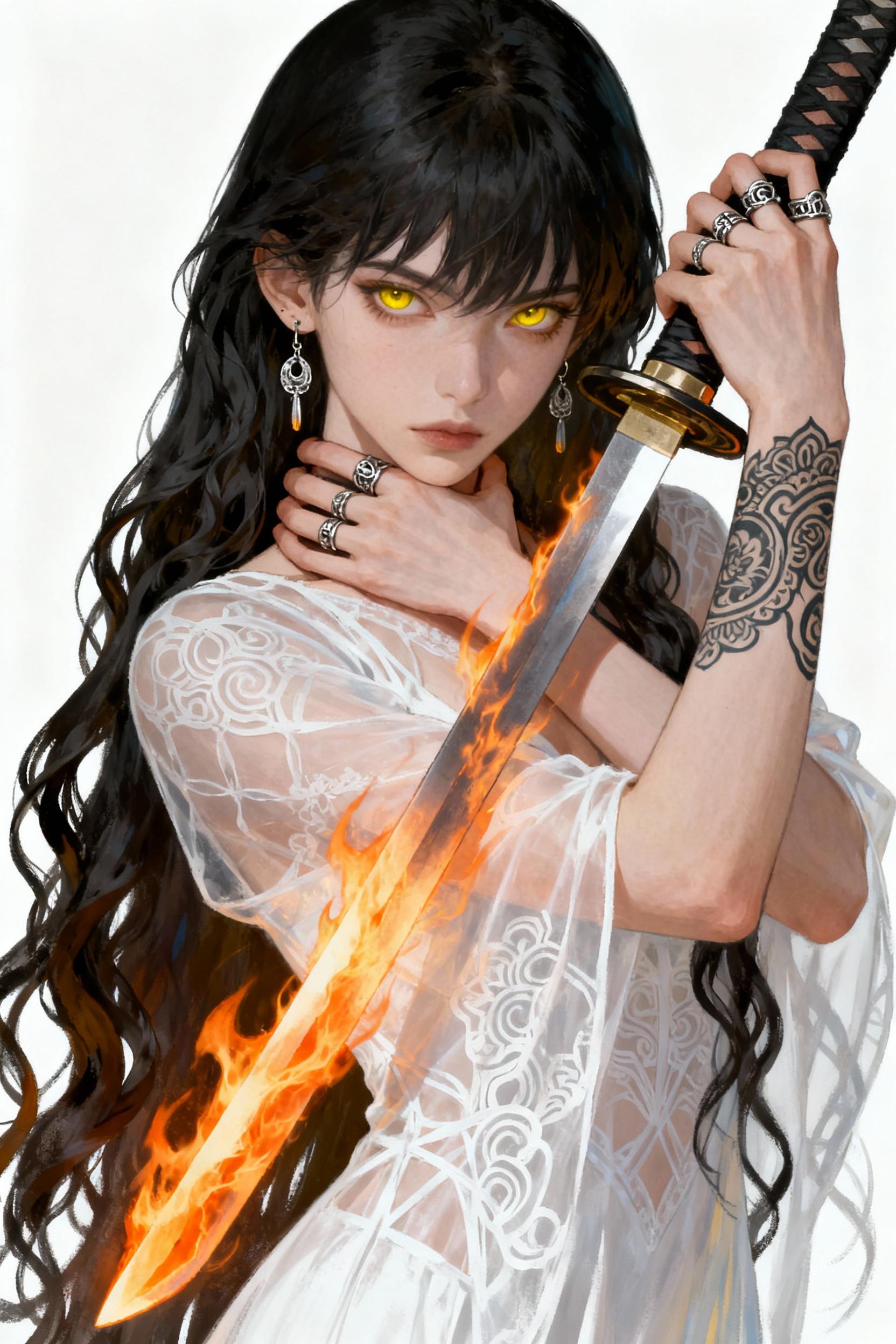 EvGan Style. A digital illustration shoot from a portrait angle about a mysterious woman with long, curly black hair holding a burning katana in front of her face, adorned with intricate tattoos and jewelry. the subject, a young woman with pale skin, is positioned in the middle of the image, looking directly at the viewer with a serious expression. her long, wavy black hair cascades down her back, and her eyes are a striking yellow, piercing through the darkness. she is wearing a sheer, white dress with intricate patterns and jewelry, including earrings and rings, which add to her mysterious and edgy aesthetic. the background is a stark white, providing a stark contrast to the dark and mysterious tones of the artwork. the woman is holding the katana with one hand, while the other hand is wrapped around her neck, creating a sense of tension and foreboding. the sword itself is glowing with orange flames, adding to the intensity of the scene. the artwork is highly detailed and realistic, with a focus on the woman's expression and the intricate designs on her clothing and accessories, making it a captivating and mysterious image.