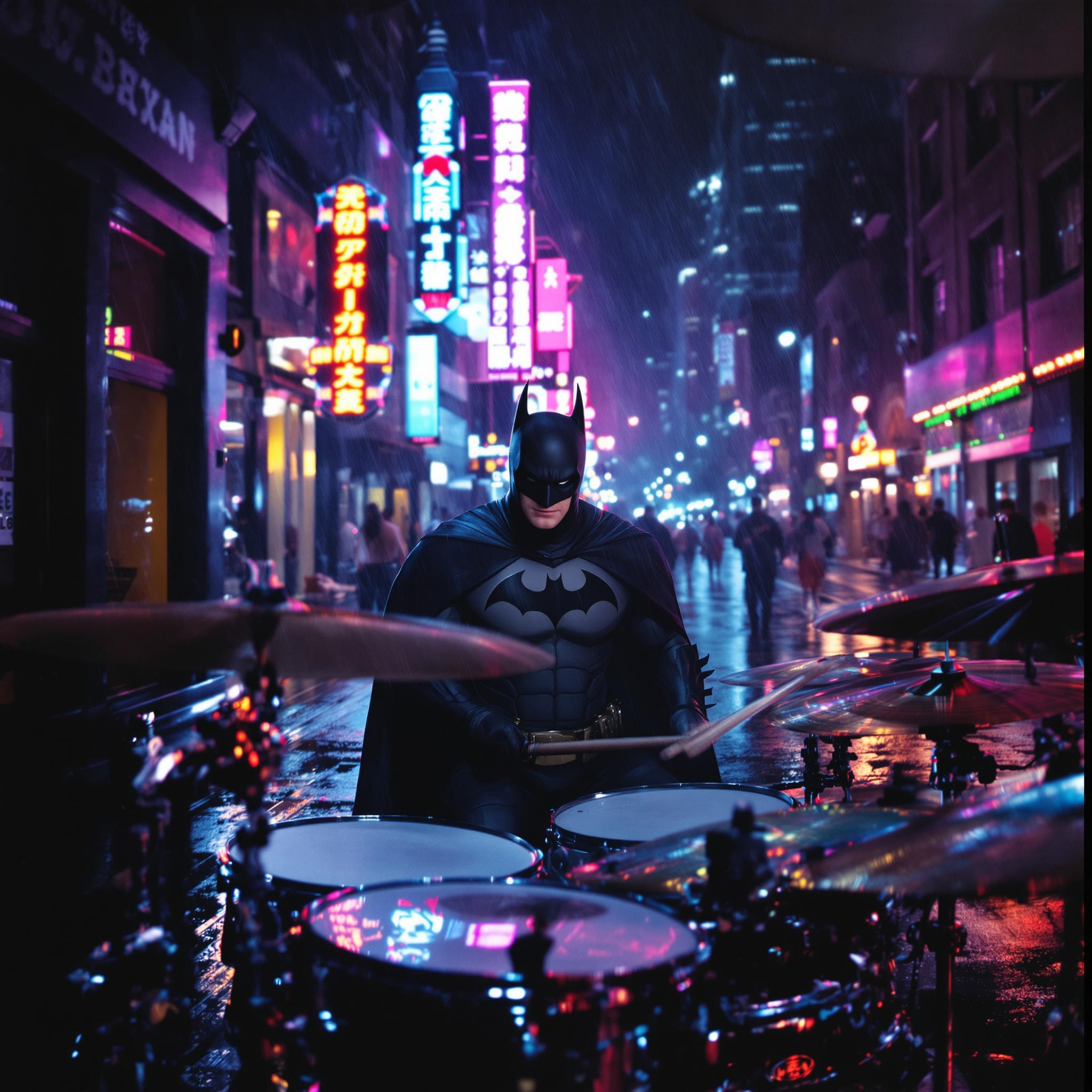 Shot composition: Medium shot from a low angle framing Batman centered behind a drum kit on the bustling street, with 35mm lens capturing urban surroundings in sharp focus.
Scene setting: Gritty nighttime city street in Gotham, illuminated by flickering neon signs and distant skyscraper lights, with a rainy atmosphere adding reflective puddles and misty haze.
Subject and wardrobe: Batman in his iconic black cape and cowl suit, dynamically striking drum cymbals and snare with intense focus and determination on his shadowed face, surrounded by scattered drum hardware.
Motion and animation: omit if not relevant to still imagery
Camera movement: none
Visual style: Dark cinematic comic book aesthetic with high contrast shadows, cool blue and purple color grade, subtle film grain for a gritty, noir-inspired texture.