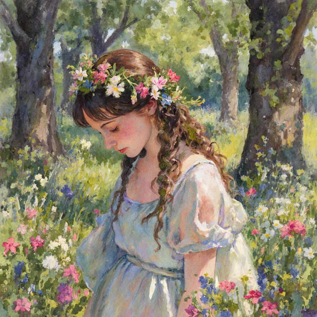 a beautiful woman stands in a flower garden, surrounded by towering trees.  Flowers are woven in her hair, and she looks down in quiet contemplation. Over the silent decades, veiled from sight, I stagger, intoxicated, leaving this mortal coil. My soul, a mossy casket, cradles ancient secrets, A fragment lost to the eons’ relentless toil.
In love, I sway to an unfinished melody, Notes suspended, waiting for completion. Pity and fate intertwine, filling my cup, The poetic wine spills, staining my perception.
Why, then, this drunkenness with your lover? If you hold the answers, why the vow’s delay? Perhaps eternity whispers its riddles, And we, mere mortals, stumble along the way.
watercolor painting, vibrant, beautiful, painterly, detailed, textural, artistic, 
digital artwork, Impressionism, impressionist painting, loose brushwork, light and shadow play, captures feeling over form, intricate details, highly detailed, vivid, 
kk_wcolor, watercolor painting