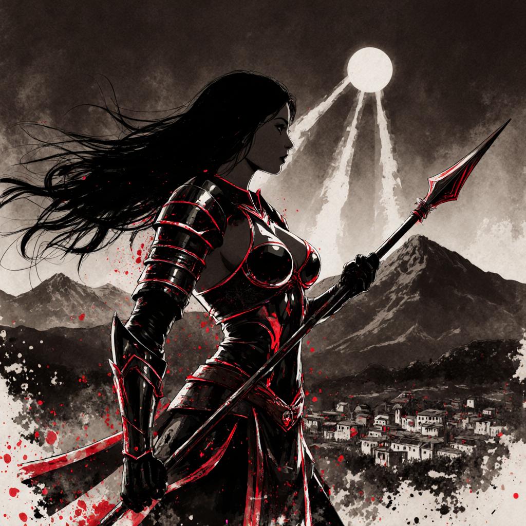 in the style of ck-mgs, nistyle, Inkplash art on rice paper, sepia, henna, Silhouette Art, magnificent, inksplash, closeup portrait, female warrior, goddess of destruction, large breasts, toned arms, flowing black hair, reflective black and neon red armor, armor, large breasts, holding a spear, abstract background suggesting a mountain top, overlooking a village in a valley, midnight atmosphere, moonlight, moon rays, night, Cowboy Shot, close up,