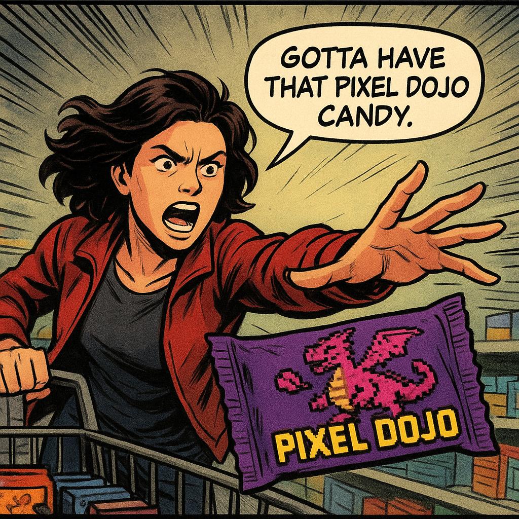 a thrilling action sequence of a woman trying to find her favorite candy. The candy wrapper is purple with a pixelated dragon and reads "Pixel Dojo". The woman says "Gotta have that pixel dojo candy"