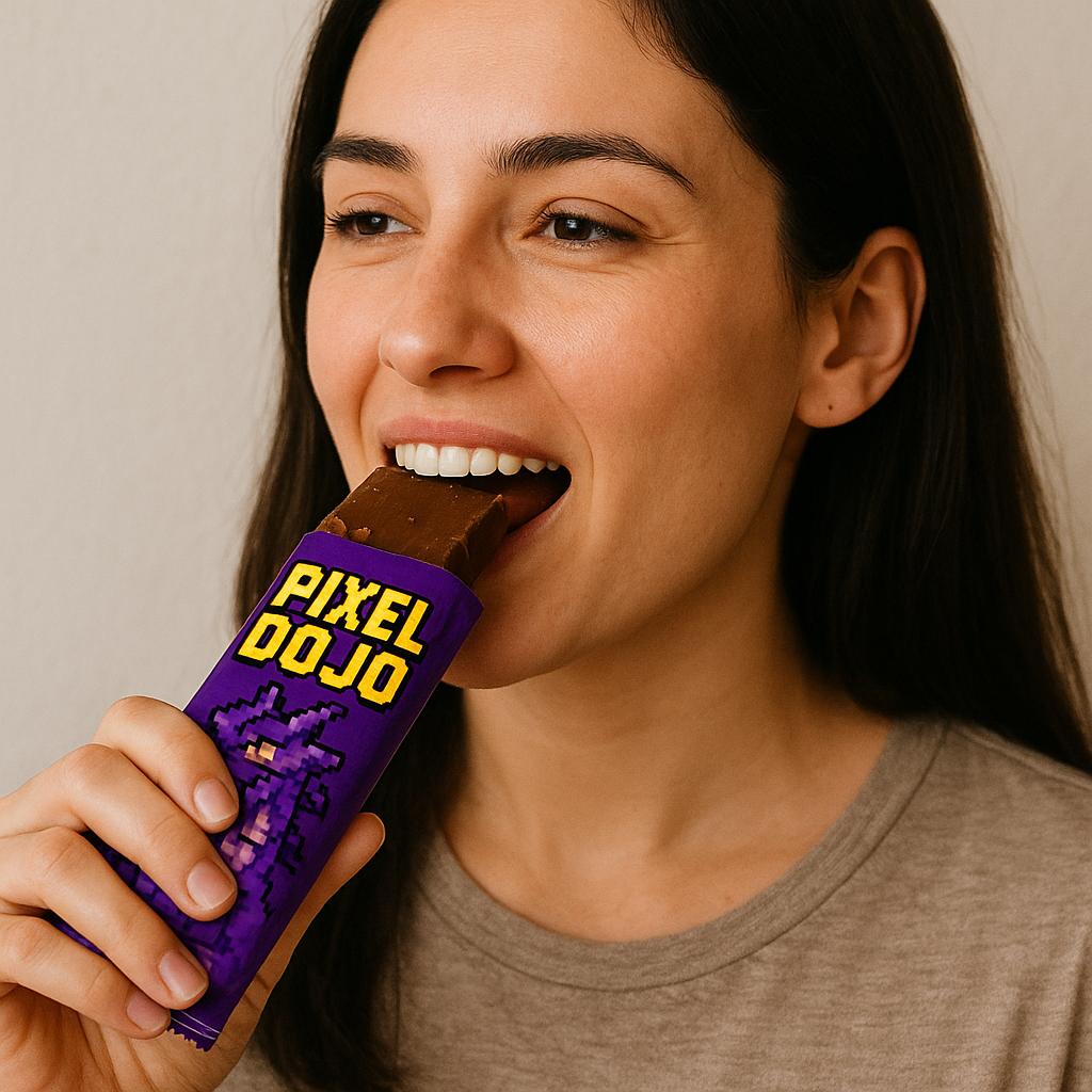 a woman eating a pixel dojo candy bar with a purple dragon on the label