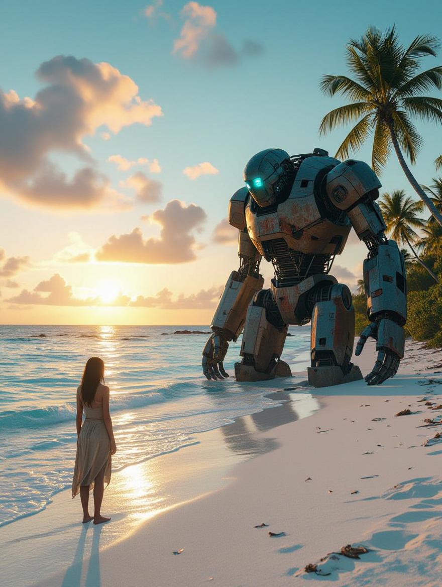 A semi-realistic cinematic scene set on a paradisiac tropical island at dusk. The sky is painted with soft blue and turquoise tones blending into the golden horizon, reflecting over crystal-clear waters. Palm trees sway gently in the background, their silhouettes framed by the fading sunlight. On the white sandy shore lies a broken enormous, gigangtic post-apocalyptic robot, covered in rust, dents, and broken wires, its metallic shell partially buried in the sand, with glowing faint blue lights flickering weakly from its damaged core. Nearby stands a lone human female, dressed in simple, weathered clothes, barefoot, staring at the machine in silence, uncertain and contemplative, as if torn between fear and curiosity. The ocean waves roll in slowly, wetting parts of the robot’s shattered body, while seabirds circle above, their cries echoing in the cinematic stillness. High contrast, detailed textures of metal, sand, and water, atmospheric depth with a light sea mist, glowing reflections on the surface. Blue-dominant color palette, moody, melancholic yet beautiful, semi-realistic with painterly cinematic composition, dramatic lighting, volumetric rays breaking through scattered clouds, 8k detail, masterpiece.