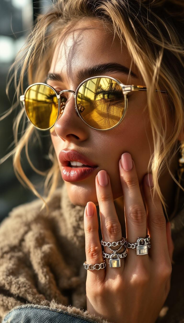 Golden strands rebelliously escape a messy bun as she presses her fingertips stacked with chunky molten silver rings near frosted lips, where subtle gloss barely catches the midday stairwell’s cold fluorescent glow. The yellow-tinted lenses curve around her face, reflecting an iPhone’s faint reflection in neat lock pendant’s shimmer. Tiny skin pores texture the sun-kissed cheek, contrasting with brushed metal ripples blurred softly behind her. Denim cuff fuzz peeks near the wrist, and the frame slants just enough to catch this unstudied moment, where molten silver forms dance in the ornate collage of a modern muse. up captured on Iphone, hand-face jewelry focus