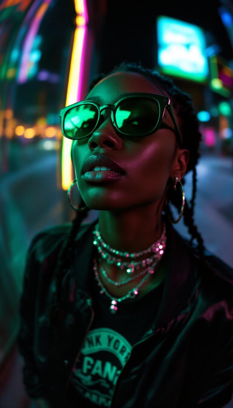 A wide shot of a Black woman with medium brown skin, natural skin texture evident across her cheeks, nose, and chin, and short box braids pulled back tightly from her forehead, captured in a middle close-up from a top-down wide-angle perspective. She wears a glossy black satin bomber jacket over a graphic tee, accessorized with a silver nose ring, multiple dangling earrings, and oversized tinted green sunglasses pushed down on her nose, all exaggerated through fisheye distortion. Her expression is cool and unreadable, lips slightly parted, eyes gazing upward, face offset to the right to maximize lens-induced proximity and curvature.

She stands against a dark urban backdrop illuminated by pulsating neon green light casting sharp reflections on her metallic jewelry and glossy fabrics. The wide-angle lens compresses and warps the background, curving edges inward. A grainy texture overlays the image, capturing detailed pores, subtle stubble, and fabric sheen with analog VHS-style chromatic aberration and soft neon glow. The composition merges early 2000s streetwear swagger with a cinematic VHS-inspired aesthetic. early-2000s Y2K snapshot