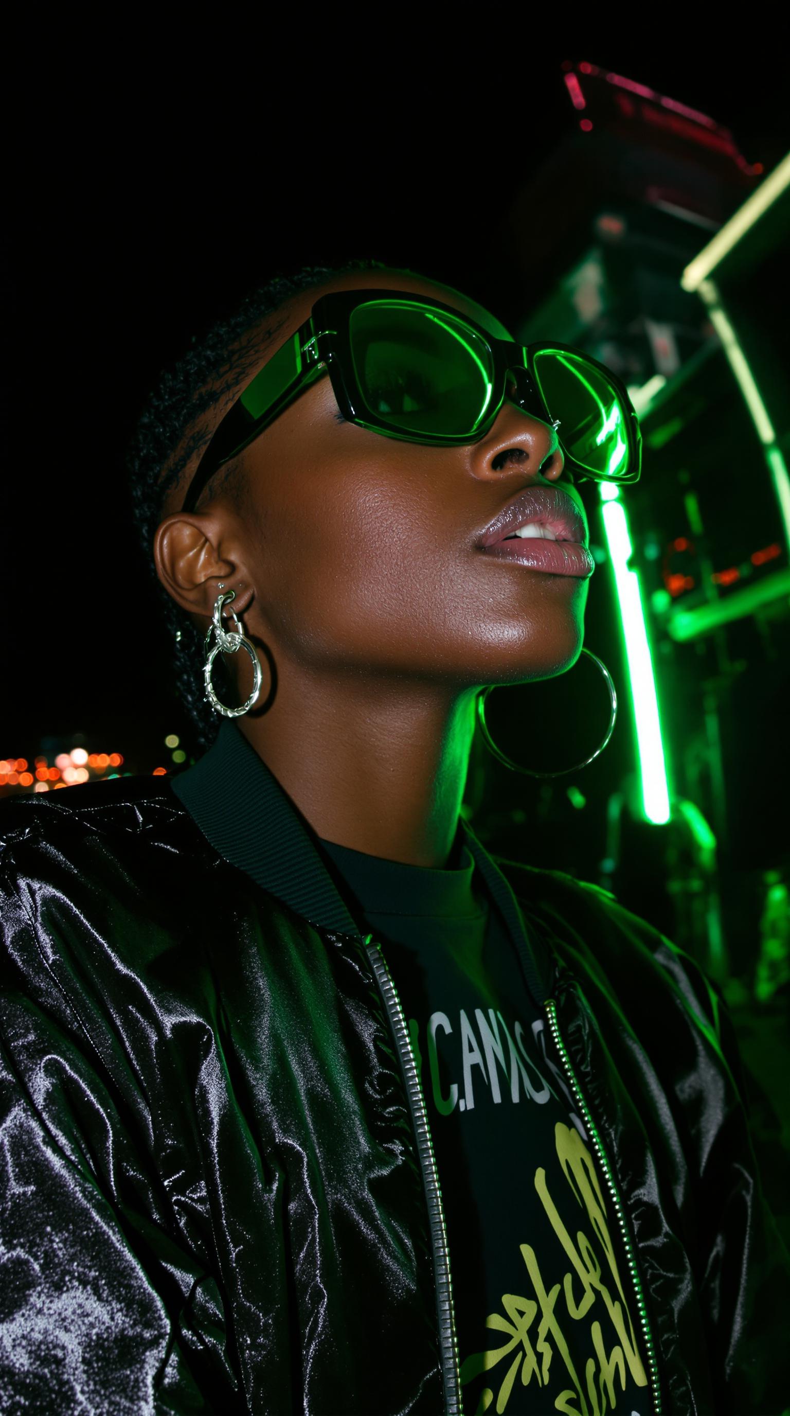 A wide shot of a Black woman with medium brown skin, natural skin texture evident across her cheeks, nose, and chin, and short box braids pulled back tightly from her forehead, captured in a middle close-up from a top-down wide-angle perspective. She wears a glossy black satin bomber jacket over a graphic tee, accessorized with a silver nose ring, multiple dangling earrings, and oversized tinted green sunglasses pushed down on her nose, all exaggerated through fisheye distortion. Her expression is cool and unreadable, lips slightly parted, eyes gazing upward, face offset to the right to maximize lens-induced proximity and curvature.

She stands against a dark urban backdrop illuminated by pulsating neon green light casting sharp reflections on her metallic jewelry and glossy fabrics. The wide-angle lens compresses and warps the background, curving edges inward. A grainy texture overlays the image, capturing detailed pores, subtle stubble, and fabric sheen with analog VHS-style chromatic aberration and soft neon glow. The composition merges early 2000s streetwear swagger with a cinematic VHS-inspired aesthetic. early-2000s Y2K snapshot