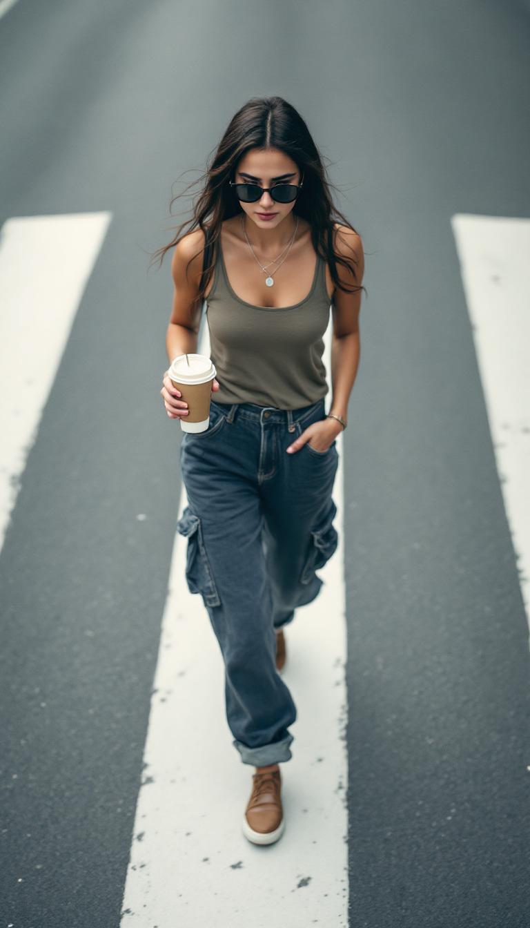 A young woman strides naturally across a broad pedestrian crosswalk, clad in baggy denim cargo pants detailed with visible seams and a khaki tank top neatly tucked in. She wears sleek black cat-eye sunglasses paired with understated silver jewelry, her relaxed pose marked by one hand slipped into a pocket and the other grasping a takeaway coffee cup. The setting is stark: just the textured asphalt beneath her feet and crisply painted, white zebra crossing lines stretching wide. Neutral daylight filters through soft overcast skies, casting gentle, diffuse shadows that lend a subdued atmosphere. Close attention reveals the textured weave of the denim, subtle wrinkles folding across the tank top, faint scuffs on her footwear, and porous skin illuminated with natural fidelity. Captured from a high vantage point, the framing is wide and candid, cropping part of her legs and blurring one arm slightly, conveying the authenticity of surveillance footage. The palette is muted and natural, the lighting and textures unembellished, embodying documentary-style realism in a moment frozen by an impersonal street camera.