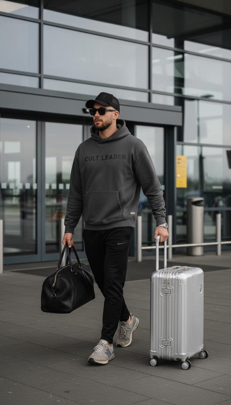 A casually dressed young adult male with a tapered fade haircut and trimmed beard wears a slightly oversized charcoal hoodie subtly featuring "Cult Leader" on the back, paired with black athletic pants and worn New Balance sneakers. His black trucker hat and dark sunglasses add a low-key, relaxed anonymity, while he carries a sleek black duffel bag in one hand and grips the handle of a gleaming silver Rimowa aluminum suitcase in the other. 

Captured mid-stride near the glass entrance of a modern German airport terminal, soft overcast daylight filters through expansive windows, casting gentle, natural shadows that highlight the textured fabric grain and nuanced skin details. The muted industrial palette, reflective metal surfaces, and off-center, slightly tilted framing evoke a genuine candid moment, embodying the tactile realism and spontaneous ambiance characteristic of authentic iPhone airport photography.