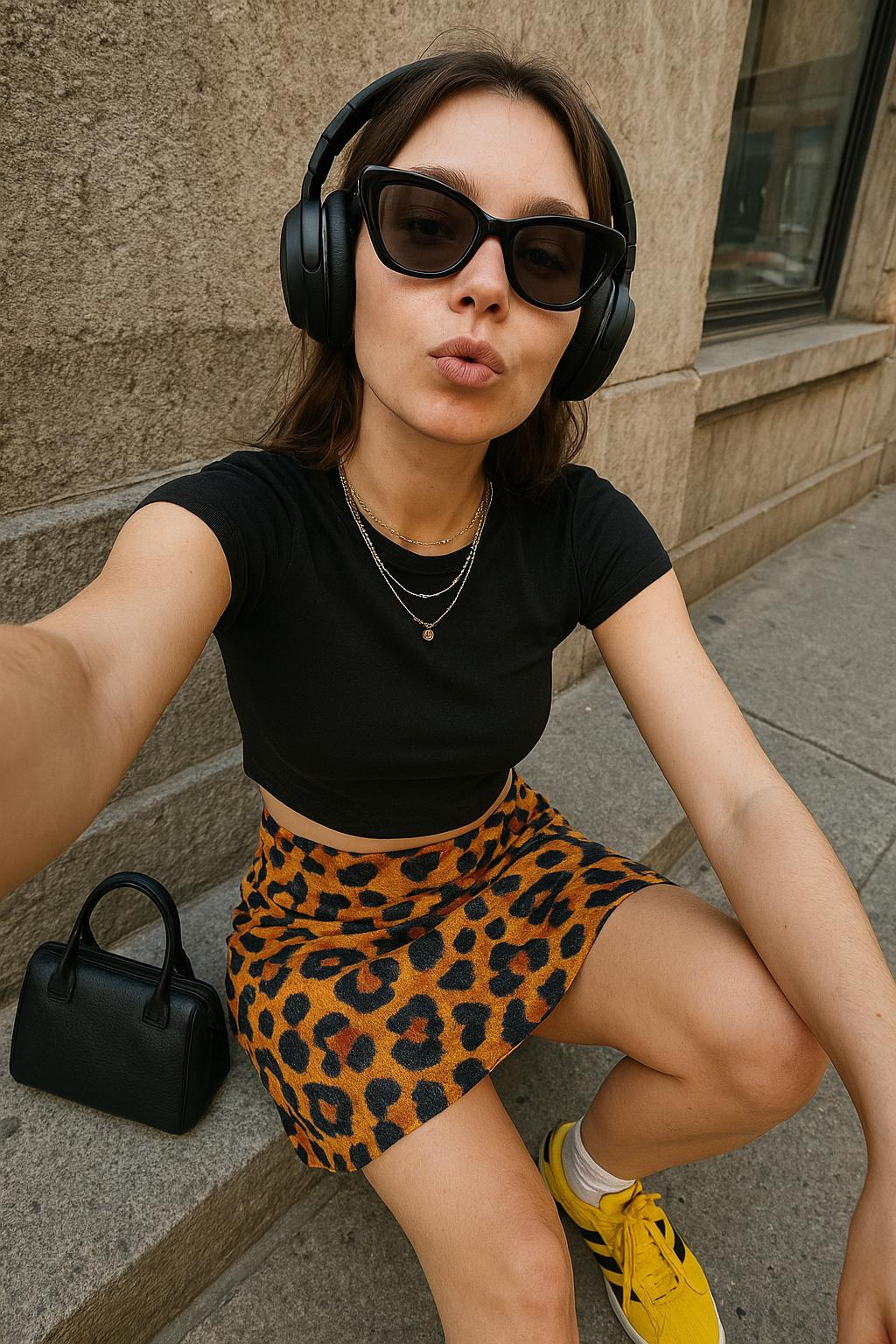 A candid, playfully spontaneous wide-angle iPhone selfie taken from a distinctly elevated overhead angle shows a young woman sitting casually on a city sidewalk ledge, leaning back slightly with her lips softly pursed, directly engaging the camera with a relaxed, neutral expression. She wears an original fitted and cropped black baby tee creatively reimagined without any prints, paired with a uniquely patterned slip skirt inspired by leopard motifs but distinctly stylized with inventive color and texture. Complementing the look are bright yellow sneakers featuring bold black stripes, casual white ankle socks, and an artfully placed black handbag resting on the ground nearby. Her accessories include large, modern headphones, oversized sunglasses with an original shape, and layered necklaces exhibiting varied textures and modern design elements. The authentic urban background features textured stone walls with subtle window reflections and natural daylight casting believable soft shadows and highlights. Textural realism highlights the fabric wrinkles of the tee and skirt, delicate hair strands partially visible under the headphones, natural skin textures with subtle imperfections, and detailed material surfaces of the handbag and sneakers. The composition emphasizes exaggerated wide-angle distortion by enlarging her upper body and face, capturing a spontaneous handheld selfie moment that reflects casual social media aesthetics, self-expression, and stylish urban authenticity.