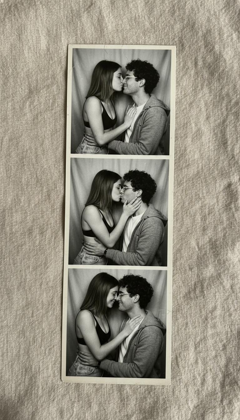 A narrow vertical photostrip rests slightly askew on a soft beige linen surface, its monochrome frames capturing a tender, intimate moment between a young woman and a man. The gentle graininess and soft vignette evoke vintage photobooth charm. The pair appear against a neutral light gray fabric backdrop textured with subtle folds. In the first frame, the athletic young woman with shoulder-length straight hair wearing a dark swimsuit top and distressed wide jeans leans in shyly while the Italian man with curly hair, clear glasses, and casual sporty attire smiles softly. Subsequent frames show their lips touching gently, eyes closed or fluttering, with slight variations in their embrace reflecting affectionate spontaneity. Errant fingers marks and faint creases animate the worn paper feel, while natural shadows and soft iPhone flash highlights add to the candid warmth. The strip is casually positioned, exuding genuine connection through subtle shifts in posture and expression—contemporary photobooth snapshot, shot on iPhone.