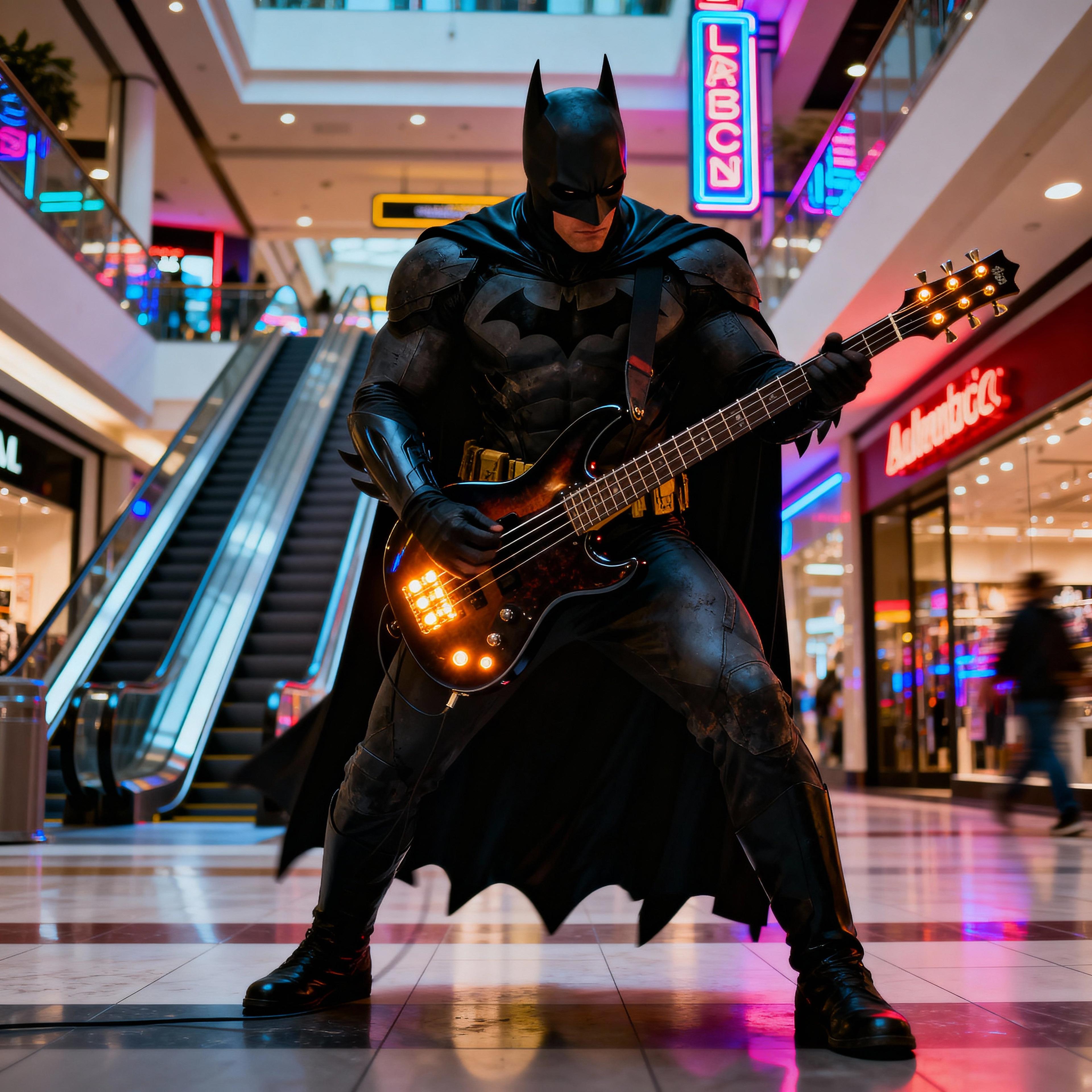 Batman playing a "Alembic"bass guitar at the "Mall"