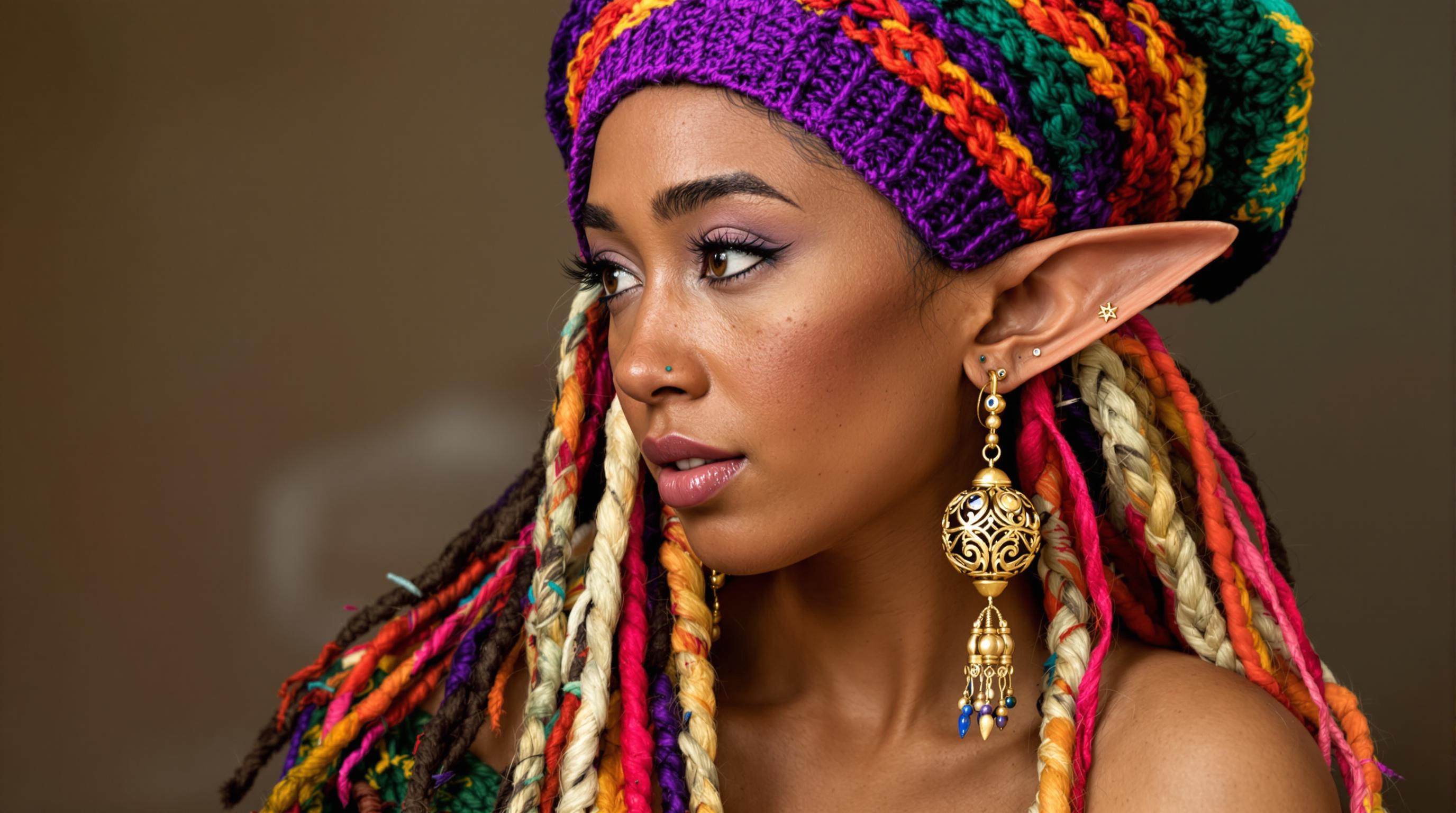 A highly detailed photorealistic digital portrait of a beautiful young elf woman with pointed ears, adorned in a vibrant multicolored knit beanie featuring horizontal stripes in deep purple, emerald green, sunny yellow, fiery orange, and crimson red, with intricate braided patterns and a relaxed, slouchy fit; her long, wavy dreadlocks cascade down in a rainbow of colors including purple, teal, pink, and blonde, intertwined with wooden beads, colorful threads, and small charms; she has tan skin with scattered freckles across her nose and cheeks, flushed rosy blush, full parted lips with a subtle sheen, and large, mesmerizing emerald green eyes gazing thoughtfully to the side; intricate gold piercings on her elf ears, including a dangling ornate spherical earring with intricate gold filigree and colorful enamel designs; she wears a textured green off-shoulder top with subtle embroidered patterns and fringe details; set against a lush, enchanted forest background with soft bokeh lights, autumnal foliage in shades of gold and green, misty atmosphere, and dappled sunlight filtering through trees; in a hyper-realistic fantasy art style inspired by artists like Alphonse Mucha and modern digital illustrators, with high dynamic range, sharp focus on facial details, intricate textures on fabrics and hair, warm color palette emphasizing vibrant hues against natural earth tones, ultra-high resolution, cinematic lighting with gentle glows and depth of field.