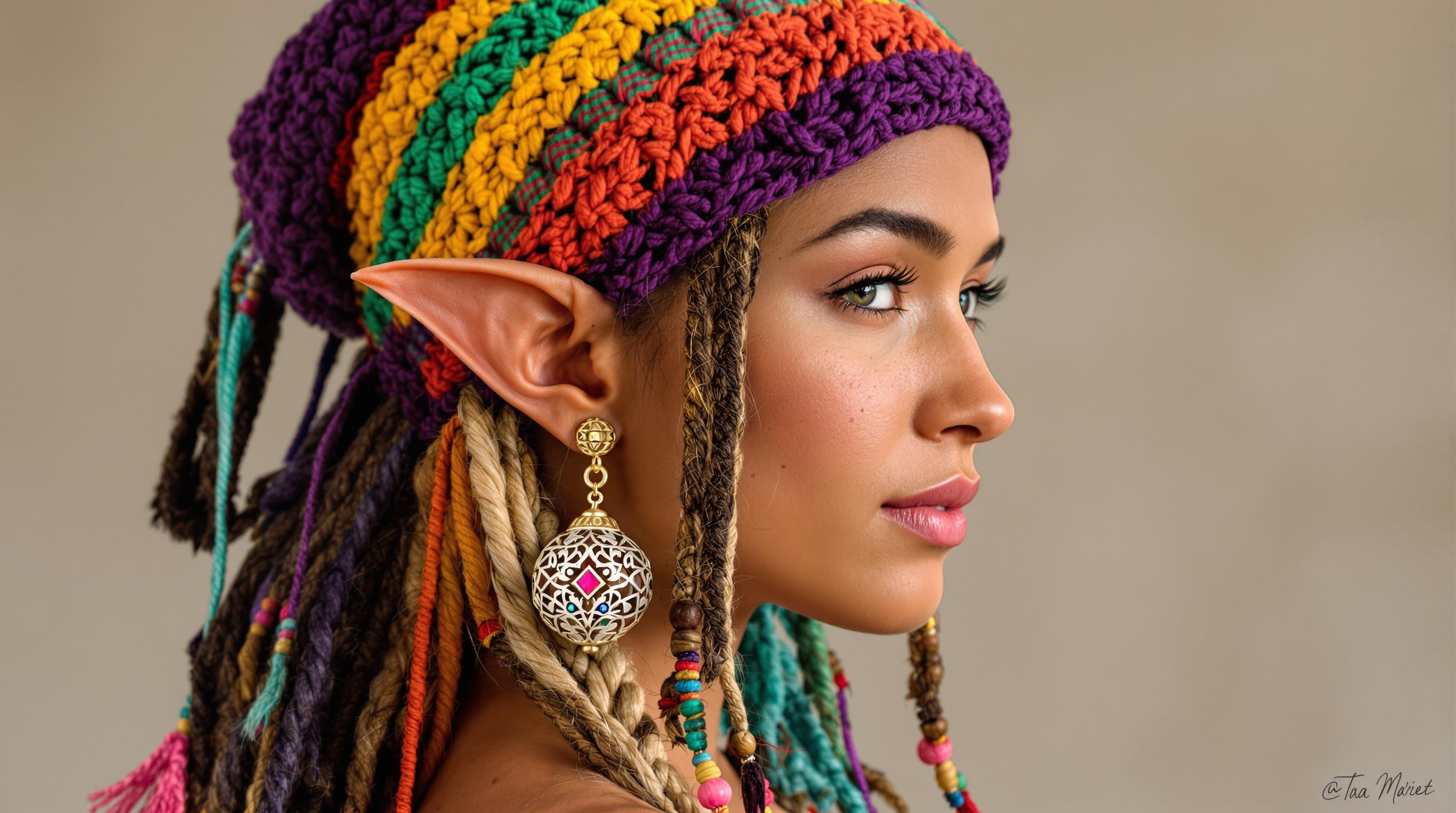 A highly detailed photorealistic digital portrait of a beautiful young elf woman with pointed ears, adorned in a vibrant multicolored knit beanie featuring horizontal stripes in deep purple, emerald green, sunny yellow, fiery orange, and crimson red, with intricate braided patterns and a relaxed, slouchy fit; her long, wavy dreadlocks cascade down in a rainbow of colors including purple, teal, pink, and blonde, intertwined with wooden beads, colorful threads, and small charms; she has tan skin with scattered freckles across her nose and cheeks, flushed rosy blush, full parted lips with a subtle sheen, and large, mesmerizing emerald green eyes gazing thoughtfully to the side; intricate gold piercings on her elf ears, including a dangling ornate spherical earring with intricate gold filigree and colorful enamel designs; she wears a textured green off-shoulder top with subtle embroidered patterns and fringe details; set against a lush, enchanted forest background with soft bokeh lights, autumnal foliage in shades of gold and green, misty atmosphere, and dappled sunlight filtering through trees; in a hyper-realistic fantasy art style inspired by artists like Alphonse Mucha and modern digital illustrators, with high dynamic range, sharp focus on facial details, intricate textures on fabrics and hair, warm color palette emphasizing vibrant hues against natural earth tones, ultra-high resolution, cinematic lighting with gentle glows and depth of field.