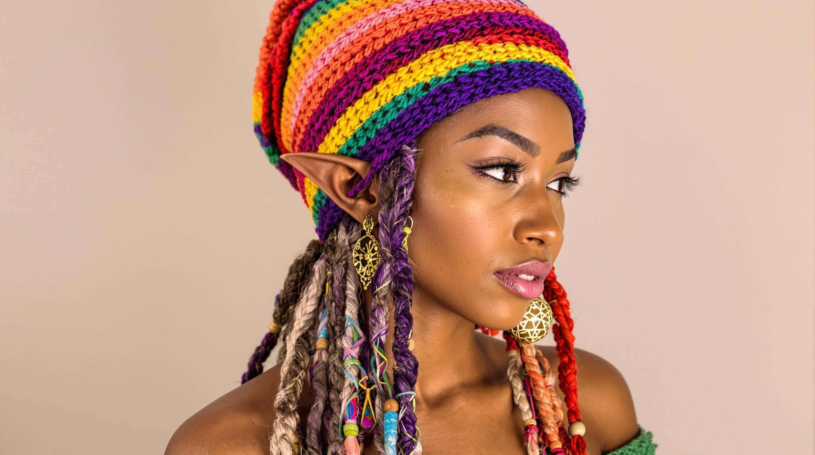 A highly detailed photorealistic digital portrait of a beautiful young elf woman with pointed ears, adorned in a vibrant multicolored knit beanie featuring horizontal stripes in deep purple, emerald green, sunny yellow, fiery orange, and crimson red, with intricate braided patterns and a relaxed, slouchy fit; her long, wavy dreadlocks cascade down in a rainbow of colors including purple, teal, pink, and blonde, intertwined with wooden beads, colorful threads, and small charms; she has tan skin with scattered freckles across her nose and cheeks, flushed rosy blush, full parted lips with a subtle sheen, and large, mesmerizing emerald green eyes gazing thoughtfully to the side; intricate gold piercings on her elf ears, including a dangling ornate spherical earring with intricate gold filigree and colorful enamel designs; she wears a textured green off-shoulder top with subtle embroidered patterns and fringe details; set against a lush, enchanted forest background with soft bokeh lights, autumnal foliage in shades of gold and green, misty atmosphere, and dappled sunlight filtering through trees; in a hyper-realistic fantasy art style inspired by artists like Alphonse Mucha and modern digital illustrators, with high dynamic range, sharp focus on facial details, intricate textures on fabrics and hair, warm color palette emphasizing vibrant hues against natural earth tones, ultra-high resolution, cinematic lighting with gentle glows and depth of field.