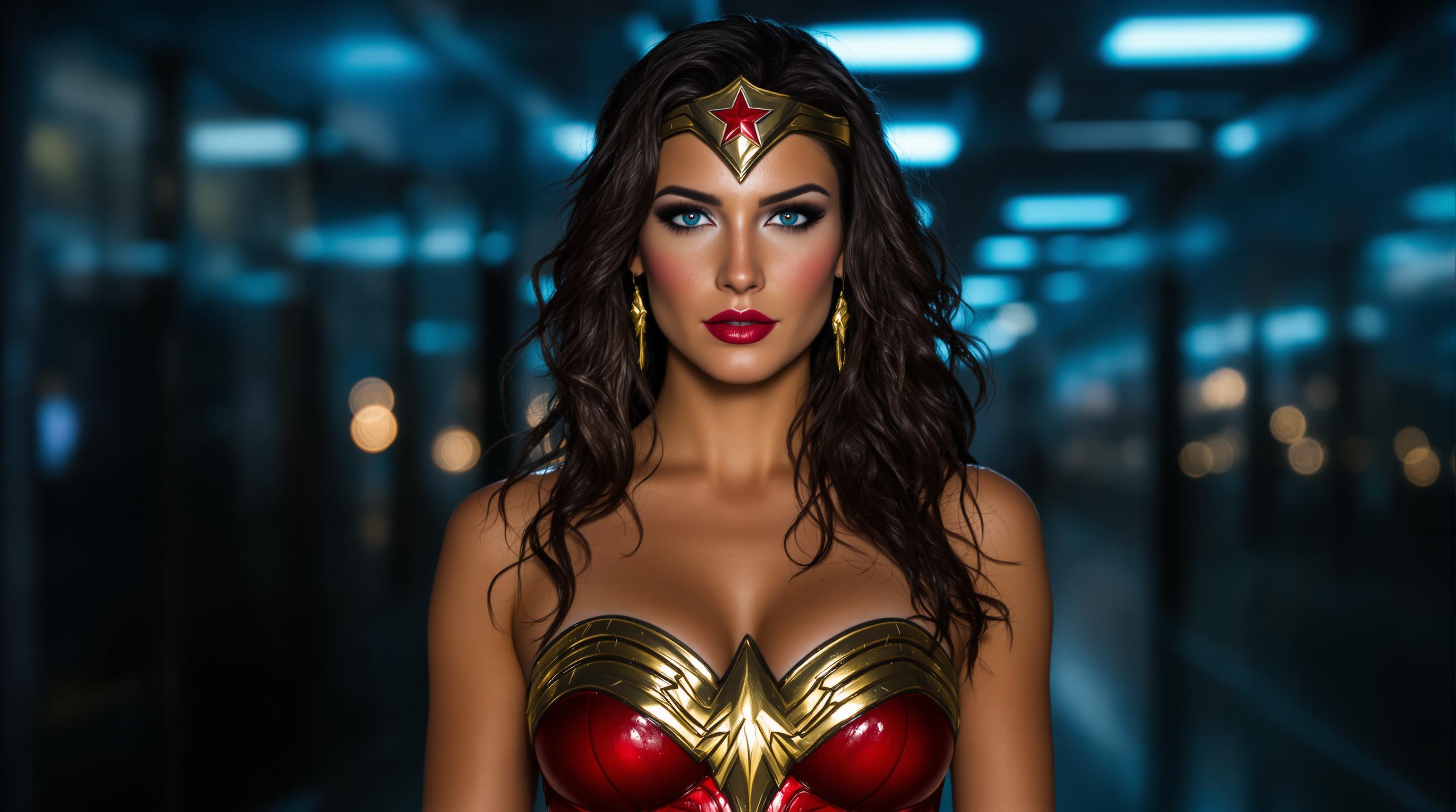 A highly detailed, realistic digital rendering of a strong, confident woman resembling Wonder Woman, standing in a dimly lit, rainy indoor corridor at night, her long wavy brown hair wet and tousled, cascading over her shoulders with water droplets glistening on her tan skin. She wears a golden tiara with a prominent red star at the center, her expression serious and determined with piercing blue eyes, subtle red blush on cheeks, and red lipstick. Her strapless bustier is red with intricate golden eagle emblem and wing motifs across the chest, a golden pendant hanging down the center, the fabric shiny and form-fitting, emphasizing her athletic build and cleavage, with rain-slicked skin showing beads of water. The background features blurred city lights through windows, fluorescent ceiling lights casting cool blue tones, wet floor reflecting highlights, in a cinematic style inspired by comic book adaptations, photorealistic medium with high dynamic range, vibrant reds and golds contrasting against dark blues and grays, sharp focus on her face and upper body, atmospheric rain effects adding drama and intensity.