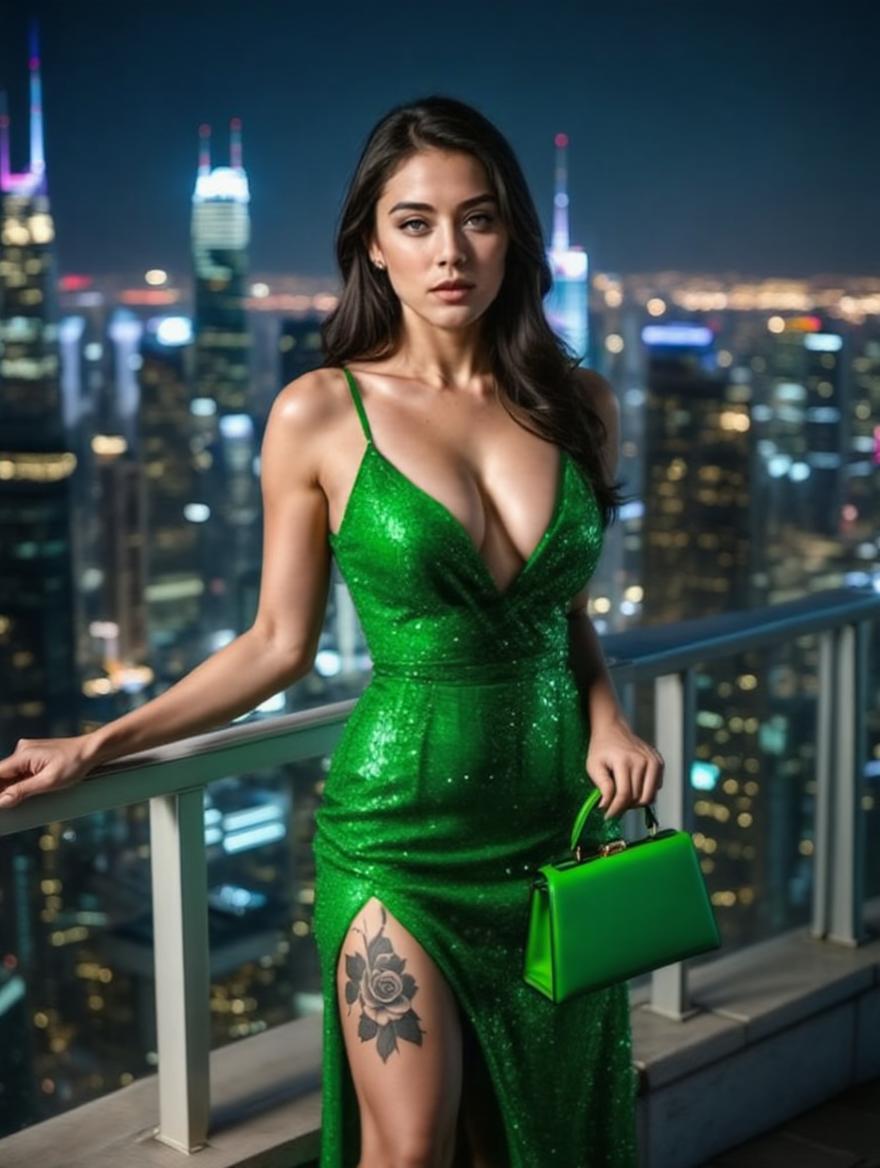 her dress is green like the purse (edited)