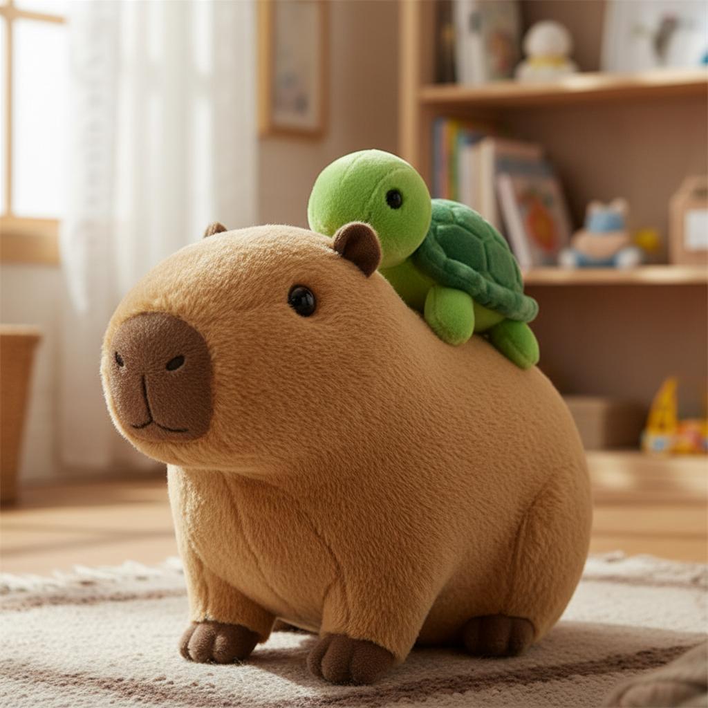 A stuffed animal capybara with a tiny stuffed green turtle riding on its back