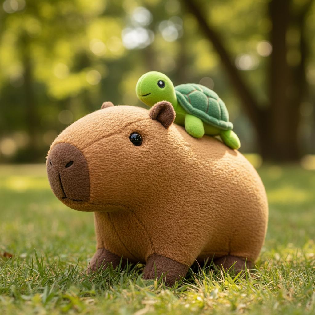 A stuffed animal capybara with a tiny stuffed green turtle riding on its back
