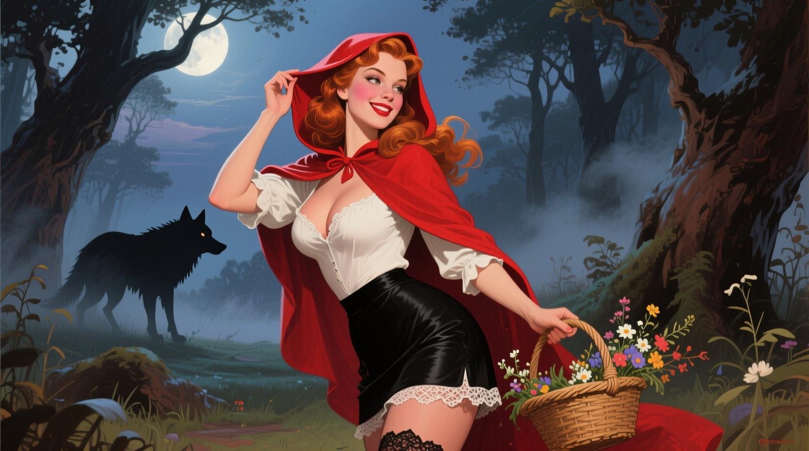 Shot composition: Close-up portrait framing a confident 30-year-old woman in profile, gazing seductively at the viewer with a playful smirk, captured from a slight low angle to emphasize her allure.
Scene setting: Enchanted forest glade at twilight, with dappled moonlight filtering through ancient trees and misty undergrowth, creating a whimsical yet intimate atmosphere of mystery and temptation.
Subject and wardrobe: A sexy Little Red Riding Hood woman around 30 years old, with flowing auburn hair, rosy cheeks, and voluptuous figure; she wears a form-fitting red hooded cape over a low-cut white blouse and short black skirt with lace trim, one hand playfully lifting the hood while holding a woven basket of wildflowers.   In the background is the shadowy silhouette of a wolf
Motion and animation: omit if not relevant to still imagery
Camera movement: none
Visual style: Vintage pin-up illustration in the style of Gil Elvgren, rendered as a smooth oil painting with glossy highlights on skin and fabric, soft brushstrokes blending warm reds and earthy tones, subtle film grain for a classic retro charm.