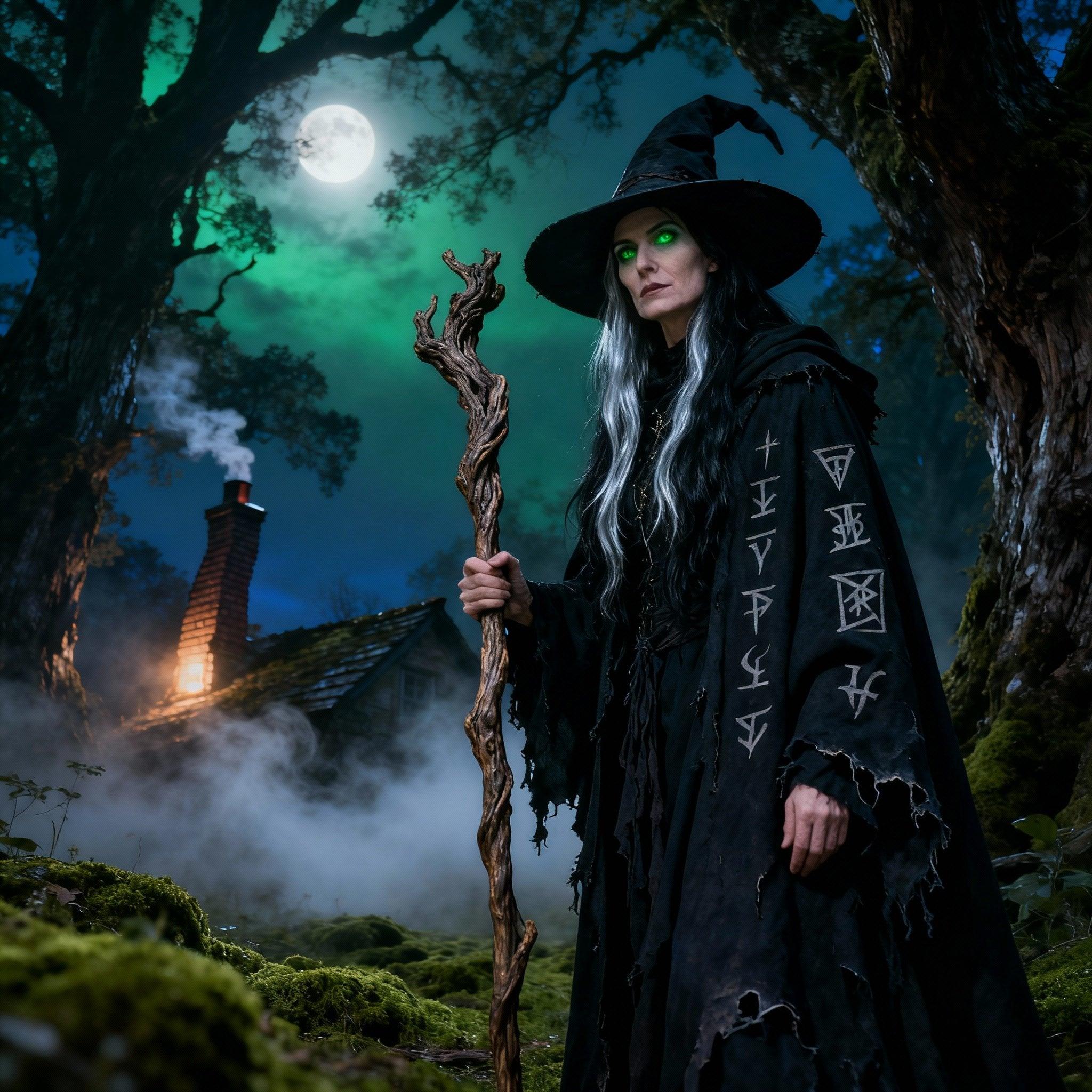 Shot composition: Medium shot framing a 40-year-old witch standing confidently in front of her ancient wooden cabin, captured from a slight low angle with a 35mm lens to emphasize her mystical presence against the forest backdrop.
Scene setting: Deep within an enchanted woodland at twilight, with dappled moonlight filtering through ancient trees, soft fog rolling across moss-covered ground, and a mysterious, atmospheric glow emanating from the cabin's crooked chimney.
Subject and wardrobe: A weathered 40-year-old female witch with sharp green eyes, long silver-streaked black hair flowing wildly, wearing a tattered black cloak adorned with runes, a wide-brimmed hat, and holding a gnarled wooden staff, her expression a mix of serene wisdom and subtle menace.
Camera movement: none
Visual style: Dark fantasy aesthetic with rich emerald and indigo color grading, subtle film grain for a vintage occult vibe, highly detailed textures on bark and fabric.