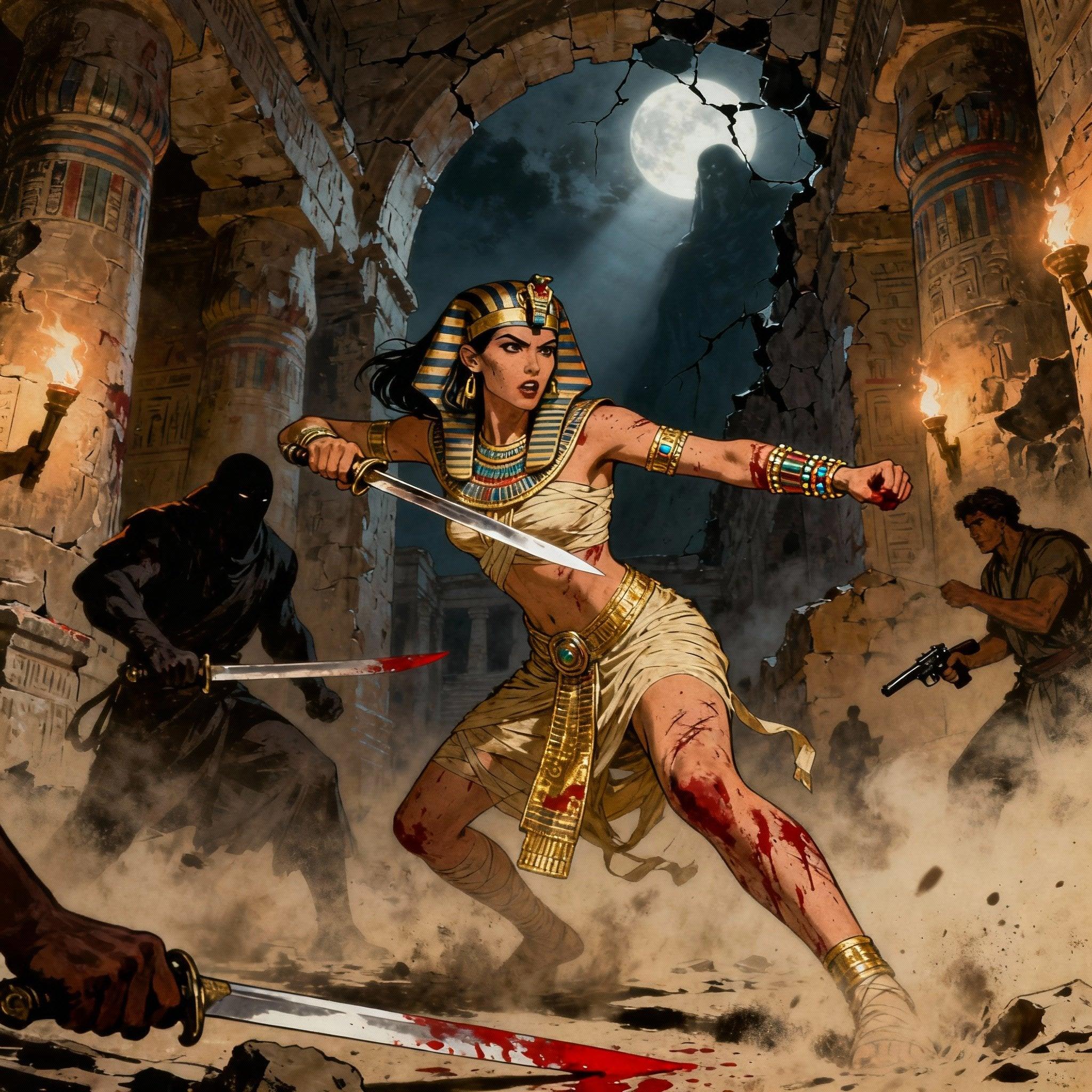 Shot composition: Medium-wide shot framing a fierce female warrior in dynamic combat pose, lunging forward with a sword clash against shadowy attackers, captured from a low angle to emphasize power and peril.
Scene setting: Crumbling ancient Egyptian temple interior at midnight, illuminated by flickering torchlight and moonlight streaming through cracked stone arches, evoking a tense, ominous atmosphere thick with dust and impending doom.
Subject and wardrobe: A fit, thin, athletic female protagonist with scarred skin and blood-streaked limbs, clad in a revealing pharaoh costume of gold-embellished linen wraps, ornate headdress, and jeweled armbands, her expression a mix of grim determination and savage fury as she battles foes wielding swords and pistols.
Motion and animation: omit if not relevant to still imagery
Camera movement: none
Visual style: Pulp horror artwork in the style of 1930s magazine illustrations, with high-contrast chiaroscuro shading, vivid crimson blood accents against desaturated earth tones, and subtle paper texture grain for a gritty, vintage thriller vibe.