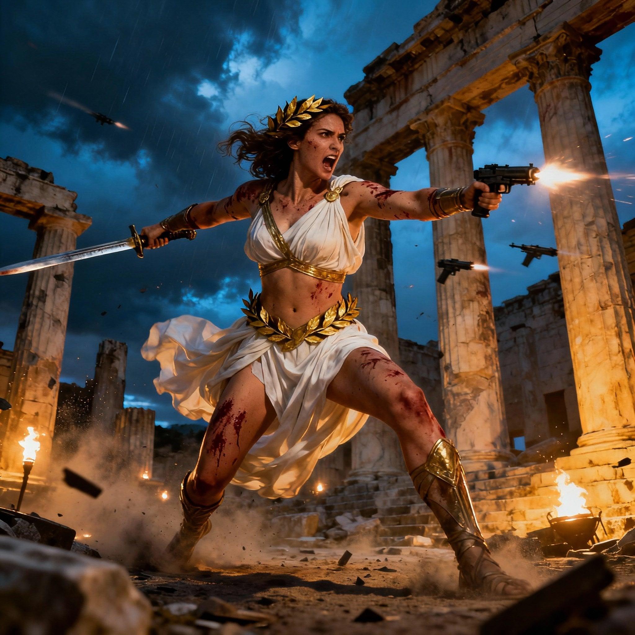 Shot composition: Medium shot from a low angle framing a fierce female warrior in dynamic combat pose against the crumbling columns of a Greek temple, using a 35mm lens to capture both her intensity and the expansive ruins.
Scene setting: Ancient Greek temple ruins at dusk under dramatic stormy skies, with flickering torchlight casting long shadows and a tense, perilous atmosphere filled with dust and debris from the battle.
Subject and wardrobe: A fit, thin, athletic female warrior with scars on her arms and blood splattered on her skin, wearing a revealing Venus-inspired costume of flowing white drapery and golden laurel accents, her expression a mix of fierce determination and wild ferocity as she wields a sword and dodges gunfire.
Motion and animation: 
Camera movement: none
Visual style: Epic cinematic realism with high contrast lighting, warm golden highlights on marble stone, cool blue tones in the shadows, and subtle film grain for a gritty, historical fantasy aesthetic.