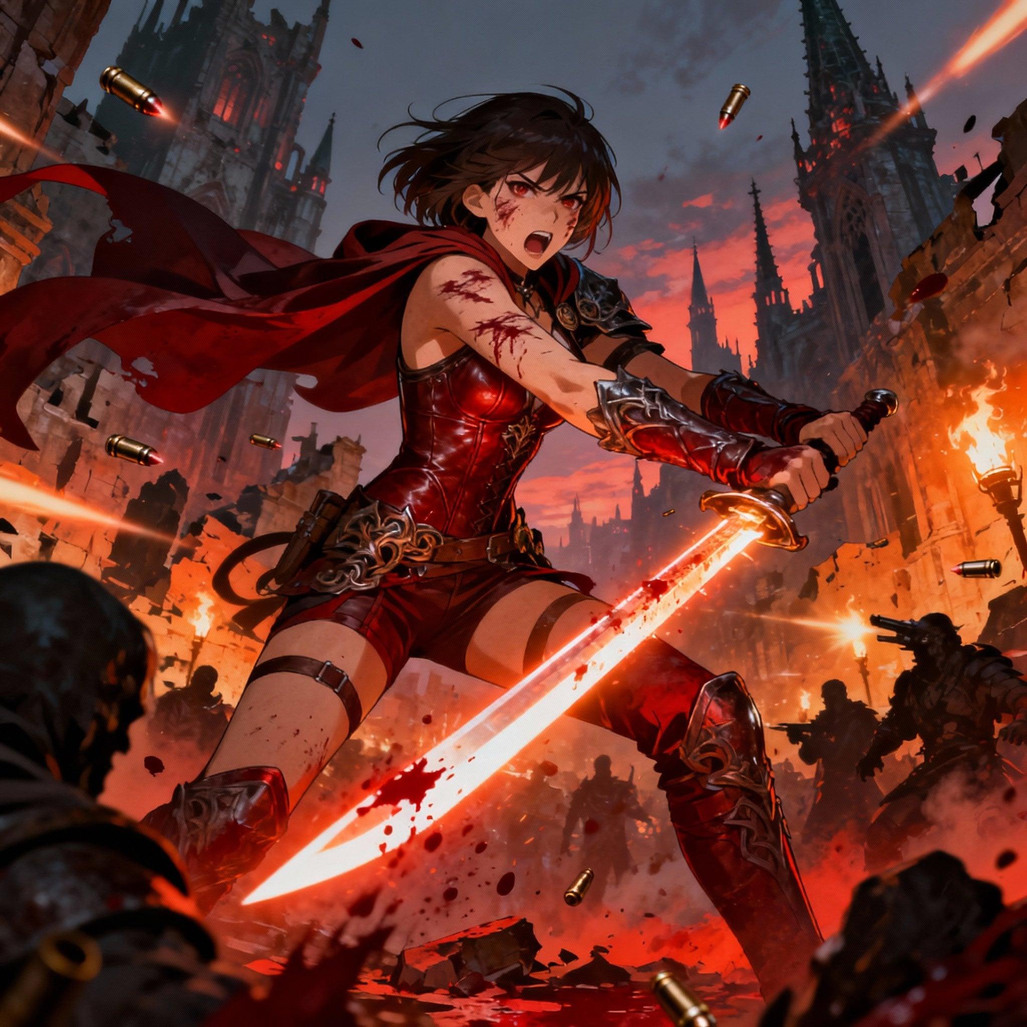 Shot composition: Dynamic medium shot framing a fierce female warrior in mid-swing during combat, captured from a low angle with a 35mm lens to emphasize her power and the chaotic surroundings.
Scene setting: A sprawling fantasy city at dusk with towering spires and crumbling ruins, illuminated by flickering torchlight and muzzle flashes, evoking a tense, blood-soaked atmosphere of impending doom.
Subject and wardrobe: A fit, thin, athletic female fighter with scars across her arms and face, clad in a form-fitting anime-style costume featuring leather armor, flowing cape, and intricate fantasy motifs, her expression a mix of grim determination and rage as she wields a glowing sword against shadowy foes amid flying bullets and splatters of blood.
Motion and animation: omit if not relevant to still imagery
Camera movement: none
Visual style: Vibrant anime aesthetic with high contrast, dramatic red and orange color grading for intensity, subtle film grain to enhance the gritty, perilous fantasy vibe.