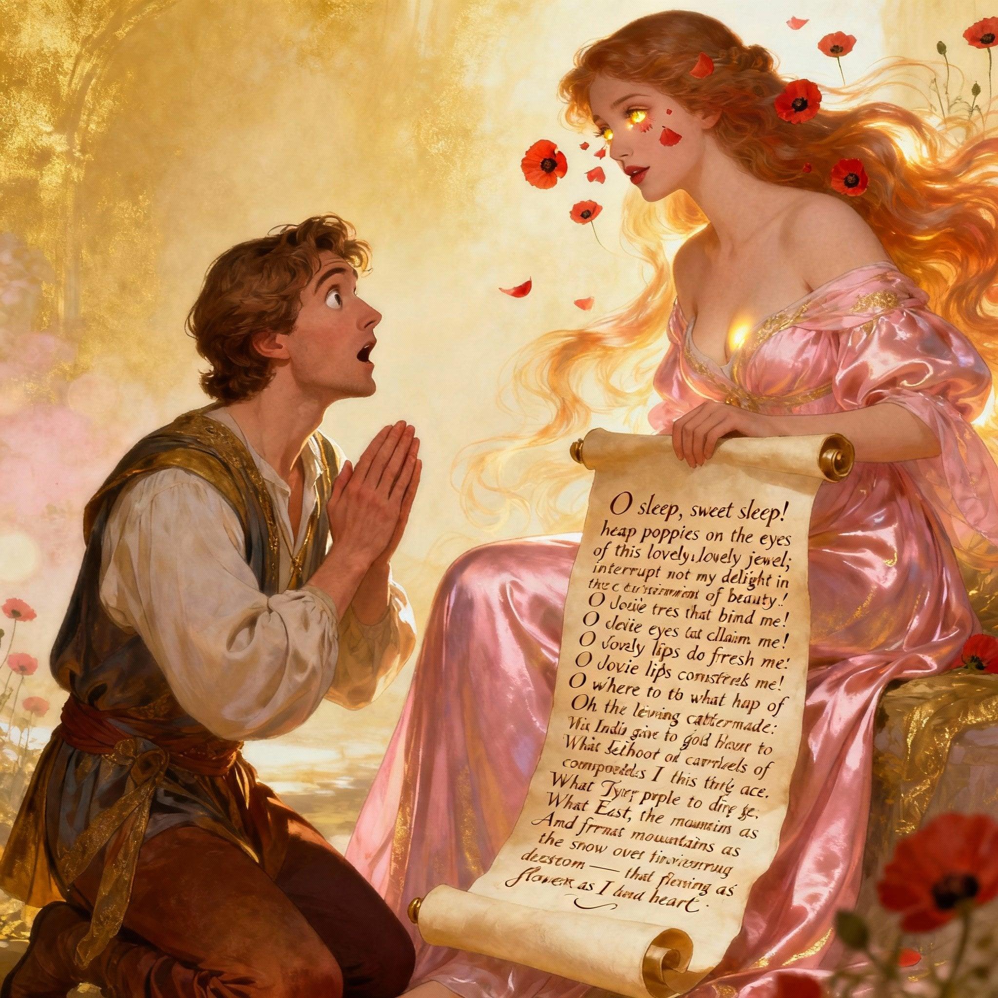 In astonishment he cried, "O sleep, sweet sleep! heap poppies on the eyes of this lovely jewel; interrupt not my delight in viewing as long as I desire this triumph of beauty. O lovely tress that binds me! O lovely eyes that inflame me! O lovely lips that refresh me! O lovely bosom that consoles me! Oh where, at what shop of the wonders of Nature, was this living statue made? What India gave the gold for these hairs? What Ethiopia the ivory to form these brows? What seashore the carbuncles that compose these eyes? What Tyre the purple to dye this face? What East the pearls to string these teeth? And from what mountains was the snow taken to sprinkle over this bosom—snow contrary to nature, that nurtures the flowers and burns hearts?"