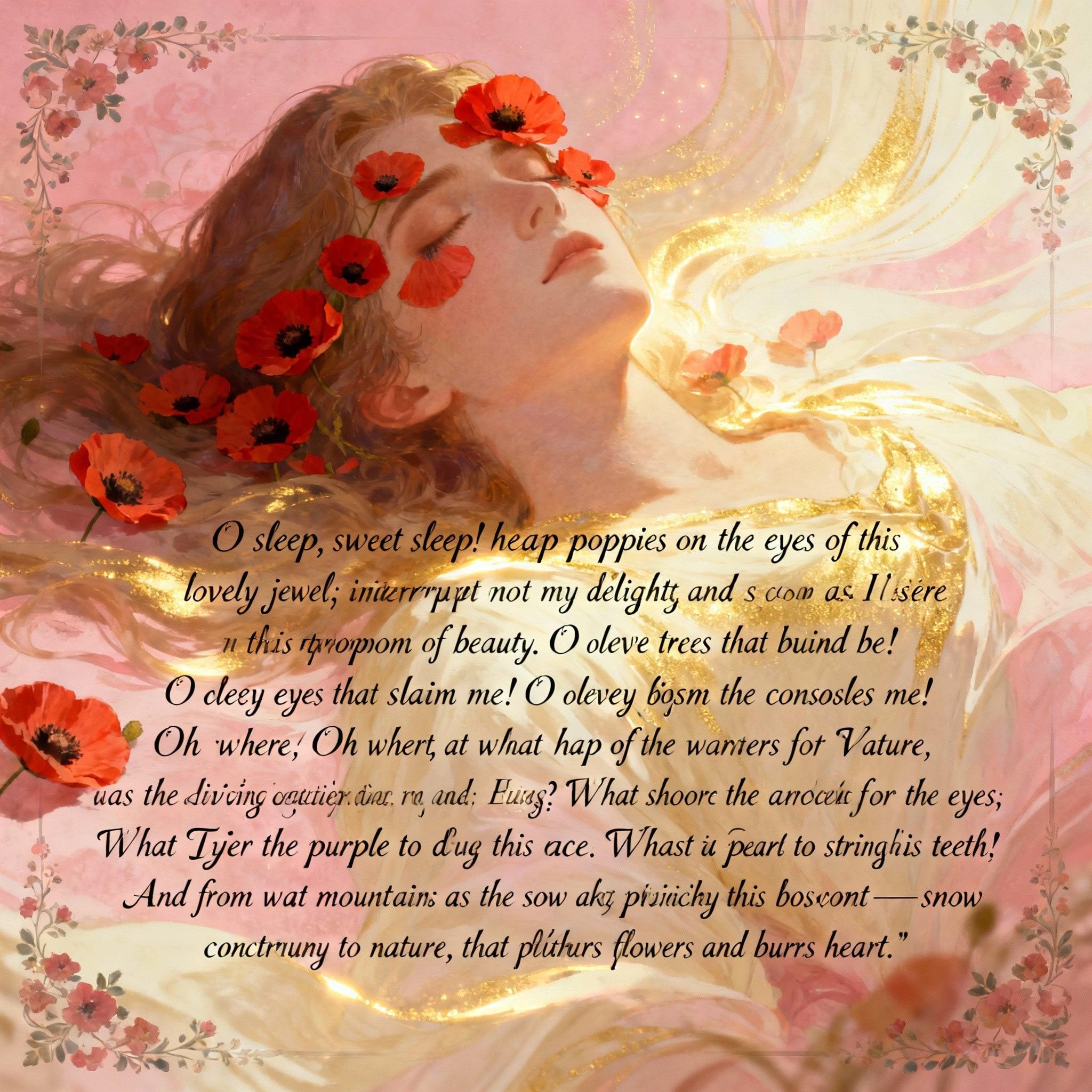 In astonishment he cried, "O sleep, sweet sleep! heap poppies on the eyes of this lovely jewel; interrupt not my delight in viewing as long as I desire this triumph of beauty. O lovely tress that binds me! O lovely eyes that inflame me! O lovely lips that refresh me! O lovely bosom that consoles me! Oh where, at what shop of the wonders of Nature, was this living statue made? What India gave the gold for these hairs? What Ethiopia the ivory to form these brows? What seashore the carbuncles that compose these eyes? What Tyre the purple to dye this face? What East the pearls to string these teeth? And from what mountains was the snow taken to sprinkle over this bosom—snow contrary to nature, that nurtures the flowers and burns hearts?"