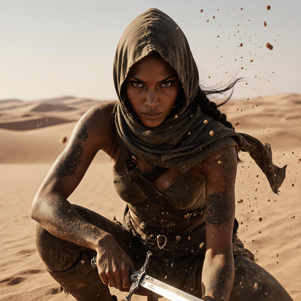 A desert rogue, her deep bronze skin glowing under the harsh, midday sun, crouches low, her dagger gleaming in her hand as sand whips around her. Her dark, almond-shaped eyes glint with sharp intelligence as she narrows her gaze, every muscle in her slender body coiled like a spring, ready to strike. Her dark brown hair, braided tightly to keep it out of her face, is covered by a tattered, sand-streaked hood. Dust clings to her weathered leather armor, and her scarf flutters in the hot wind, shielding her mouth from the deserts searing breath. The intricate tattoos on her forearms glow faintly, imbued with the magic of the shifting dunes, while the endless desert stretches out behind her, vast and unforgiving. Her expression is sharp, almost predatory, as she assesses her next move, the dagger in her hand glinting with deadly purpose. Tiny motes of sand hang suspended in the air around her, frozen in the tension of the moment. The heat distorts the horizon behind her, making the distant dunes seem to ripple like waves in the sun.