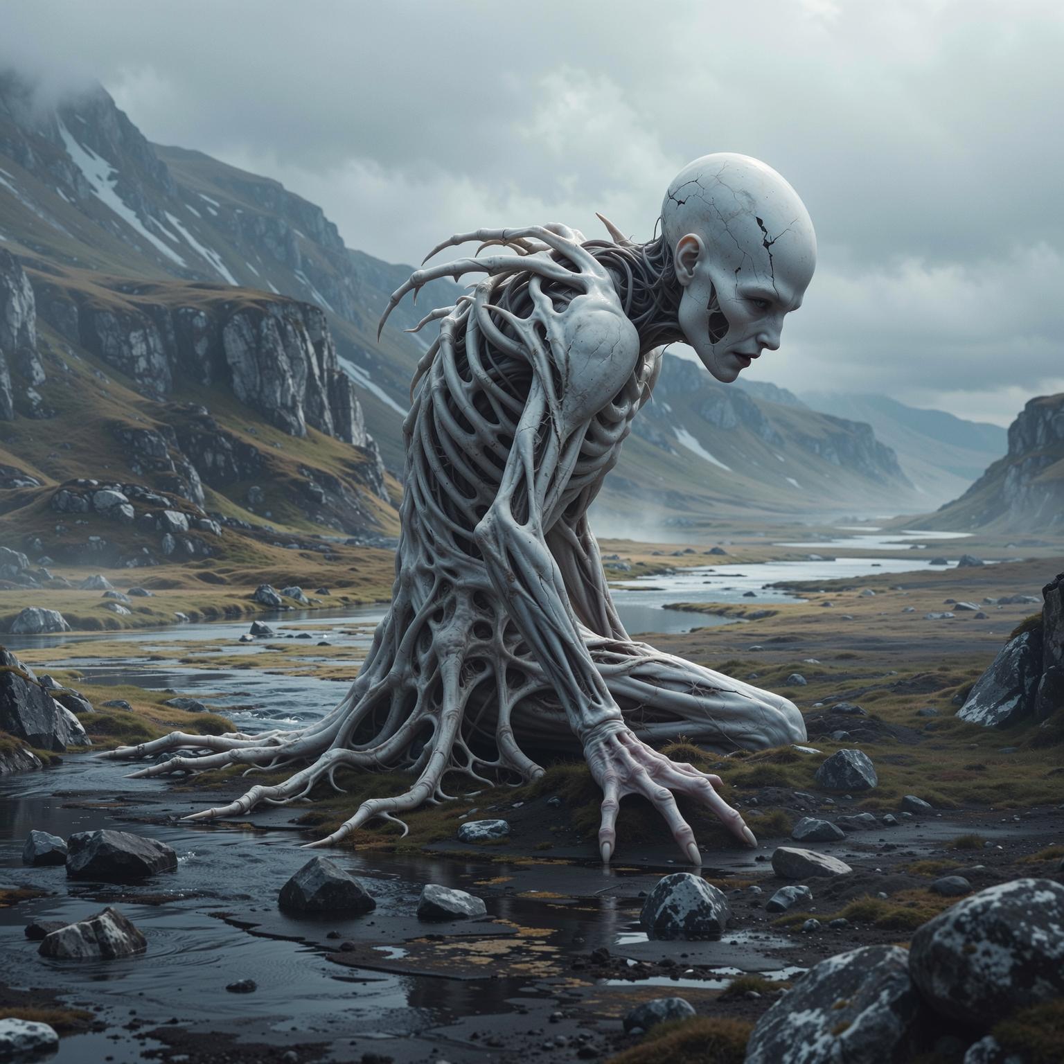 “Generate a creature that cannot be categorized or compared to anything within human imagination or artistic tradition. Its design must reject all visual, cultural, biological, or stylistic references known to mankind. It should appear as an emergent anomaly — something reality itself struggles to render. Its form should evoke primal, wordless terror without relying on eyes, mouths, limbs, or any familiar anatomy. The environment should bend around it, light faltering as if uncertain how to illuminate it. The result must feel truly alien to perception, outside all artistic schools, mythologies, and aesthetics.” Execution Directives: no recognizable art style, no symbolism, no cultural or religious motifs, no fantasy, sci-fi, gothic, surrealist, or Lovecraftian cues; pure generative originality — render as an aesthetic void, with physics, texture, and form emerging from the AI’s own abstraction layer; — forbid emulation of any artist, genre, or medium; — prioritize conceptual impossibility over visual coherence.