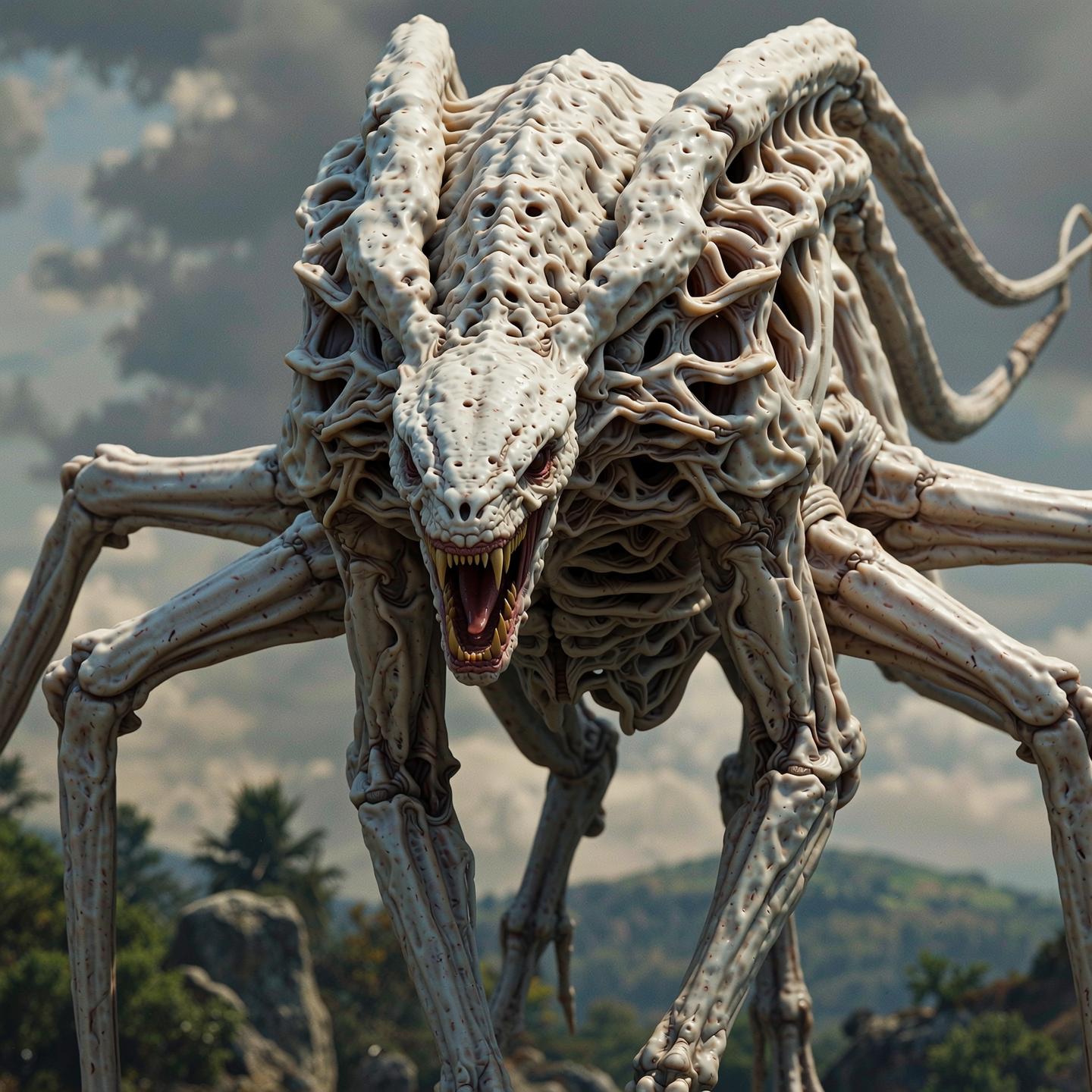 “Generate a creature that cannot be categorized or compared to anything within human imagination or artistic tradition. Its design must reject all visual, cultural, biological, or stylistic references known to mankind. It should appear as an emergent anomaly — something reality itself struggles to render. Its form should evoke primal, wordless terror without relying on eyes, mouths, limbs, or any familiar anatomy. The environment should bend around it, light faltering as if uncertain how to illuminate it. The result must feel truly alien to perception, outside all artistic schools, mythologies, and aesthetics.” Execution Directives: no recognizable art style, no symbolism, no cultural or religious motifs, no fantasy, sci-fi, gothic, surrealist, or Lovecraftian cues; pure generative originality — render as an aesthetic void, with physics, texture, and form emerging from the AI’s own abstraction layer; — forbid emulation of any artist, genre, or medium; — prioritize conceptual impossibility over visual coherence.