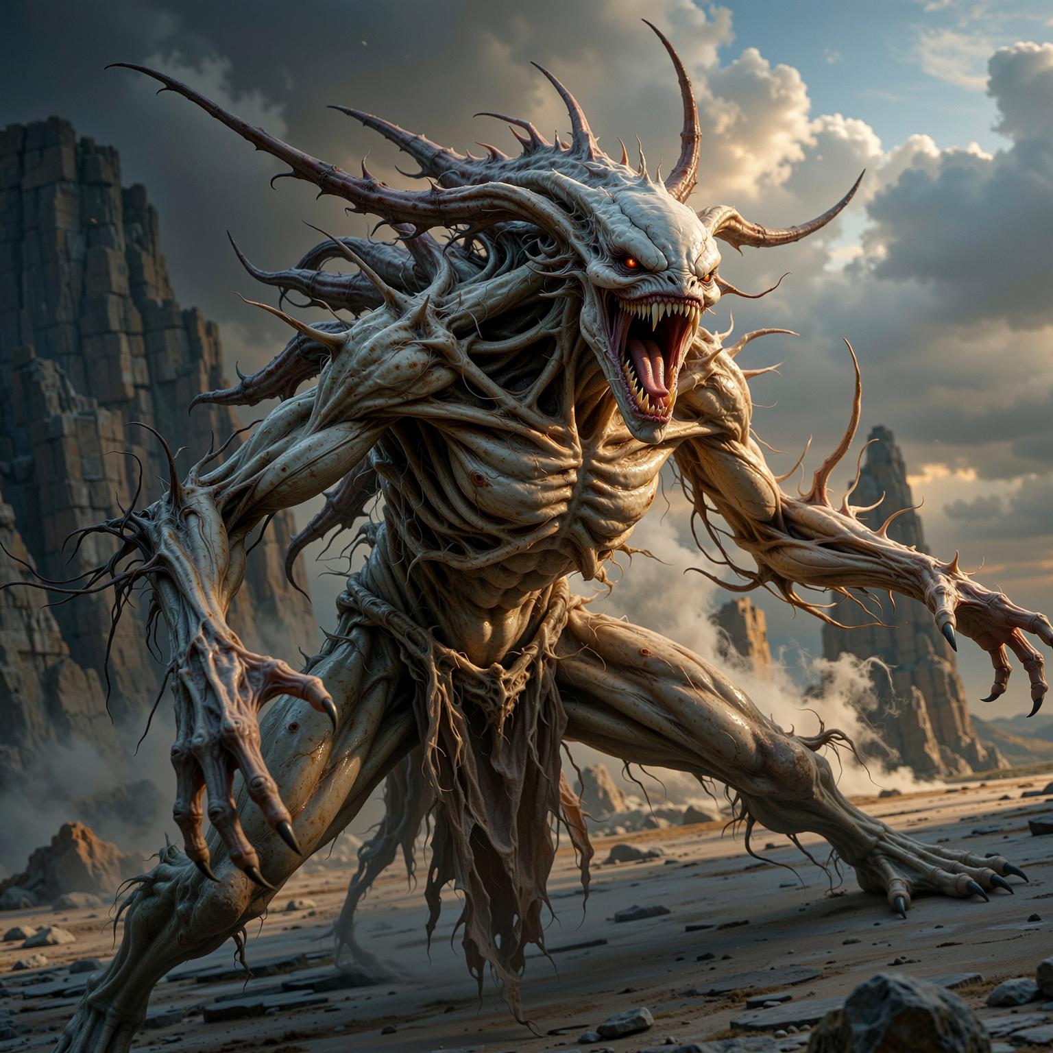 “Generate a creature that cannot be categorized or compared to anything within human imagination or artistic tradition. Its design must reject all visual, cultural, biological, or stylistic references known to mankind. It should appear as an emergent anomaly — something reality itself struggles to render. Its form should evoke primal, wordless terror without relying on eyes, mouths, limbs, or any familiar anatomy. The environment should bend around it, light faltering as if uncertain how to illuminate it. The result must feel truly alien to perception, outside all artistic schools, mythologies, and aesthetics.” Execution Directives: no recognizable art style, no symbolism, no cultural or religious motifs, no fantasy, sci-fi, gothic, surrealist, or Lovecraftian cues; pure generative originality — render as an aesthetic void, with physics, texture, and form emerging from the AI’s own abstraction layer; — forbid emulation of any artist, genre, or medium; — prioritize conceptual impossibility over visual coherence.