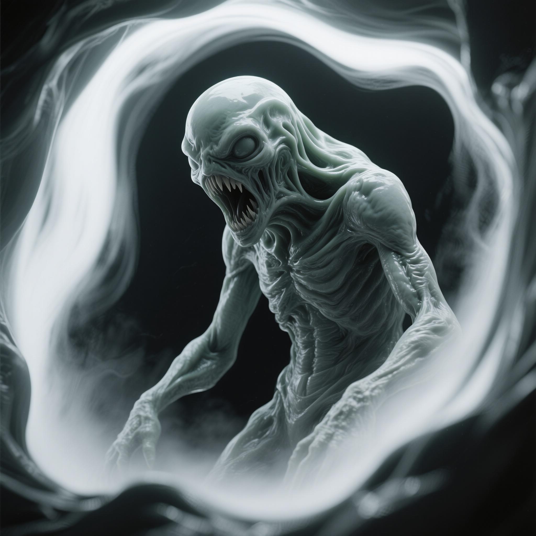 “Generate a creature that cannot be categorized or compared to anything within human imagination or artistic tradition. Its design must reject all visual, cultural, biological, or stylistic references known to mankind. It should appear as an emergent anomaly — something reality itself struggles to render. Its form should evoke primal, wordless terror without relying on eyes, mouths, limbs, or any familiar anatomy. The environment should bend around it, light faltering as if uncertain how to illuminate it. The result must feel truly alien to perception, outside all artistic schools, mythologies, and aesthetics.” Execution Directives: no recognizable art style, no symbolism, no cultural or religious motifs, no fantasy, sci-fi, gothic, surrealist, or Lovecraftian cues; pure generative originality — render as an aesthetic void, with physics, texture, and form emerging from the AI’s own abstraction layer; — forbid emulation of any artist, genre, or medium; — prioritize conceptual impossibility over visual coherence.