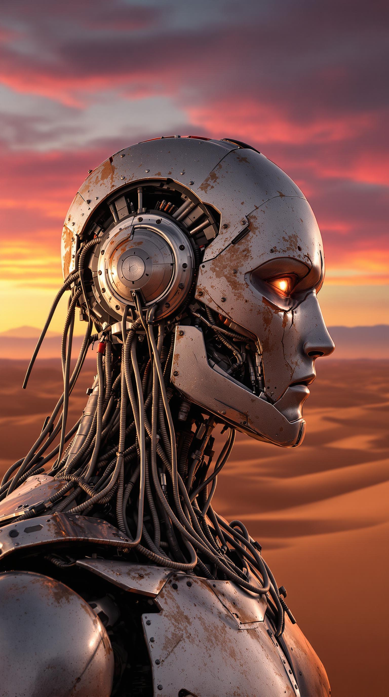A highly detailed, photorealistic portrait of a weathered humanoid android in profile view, facing right, set against a vast desert landscape at sunset. The android's head and upper body are constructed from tarnished silver metal plates, showing signs of rust, scratches, and battle damage, with exposed wires, cables, and mechanical components dangling from the neck and sides. Its face is a sleek, emotionless mask with a human-like structure, featuring a single visible eye glowing faintly red, a damaged cheek revealing inner circuitry, and a helmet-like cranium with rivets and seams. The skin-like metallic surface reflects warm golden hues from the setting sun. In the background, endless sandy dunes in shades of ochre and burnt orange stretch to distant, hazy purple mountains under a gradient sky transitioning from deep blue to fiery orange and pink. Cinematic lighting casts long shadows and dramatic highlights on the android's form, emphasizing texture and depth. Rendered in hyper-realistic CGI style, ultra-high resolution, intricate details on every mechanical part, evoking a sci-fi dystopian atmosphere like in Terminator or Dune, with a sense of isolation and introspection.
